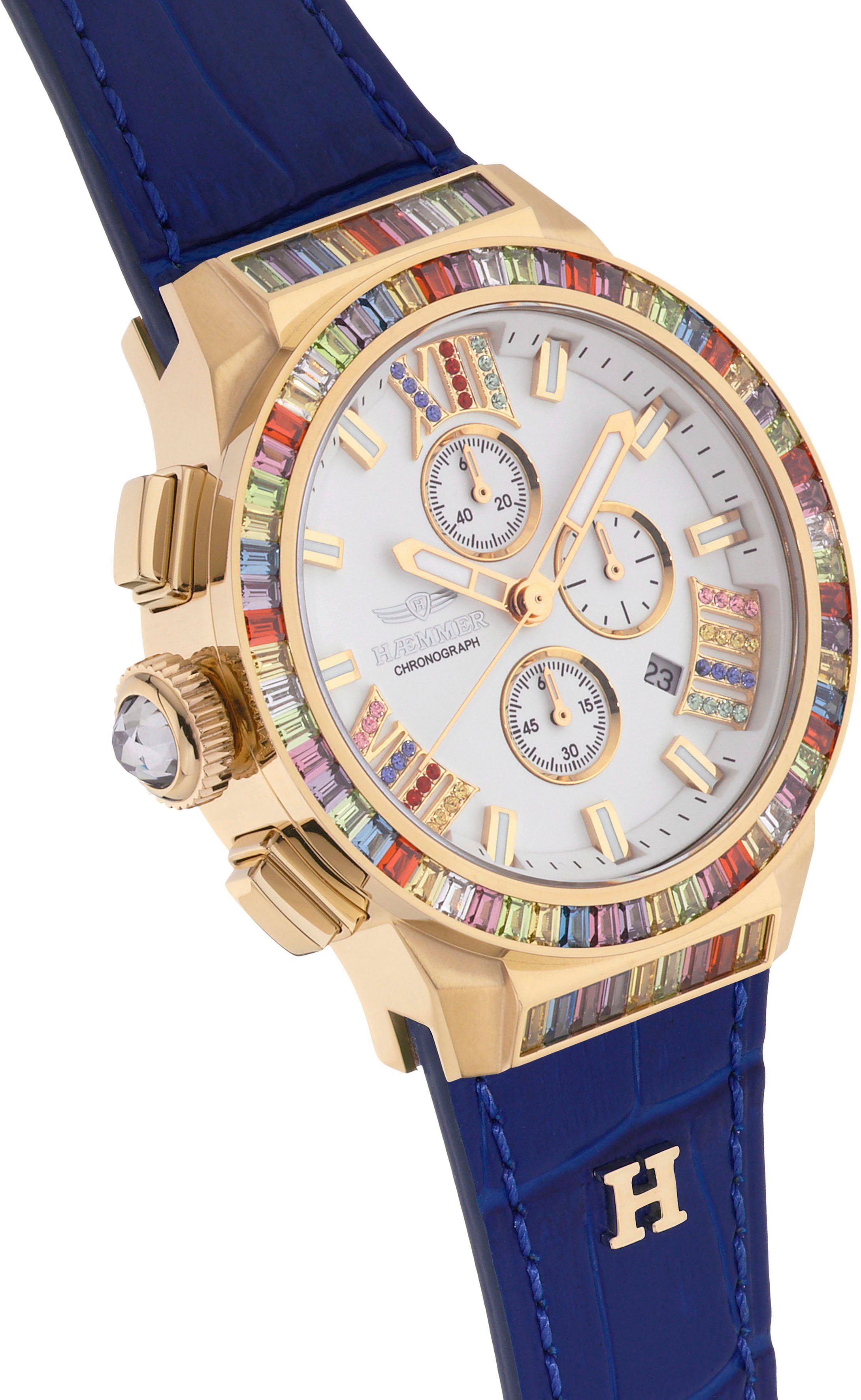 HAEMMER GERMANY Chronograaf Glorious Quartzhorloge, dameshorloge, datum, stopwatchfunctie, saffierglas, leren band