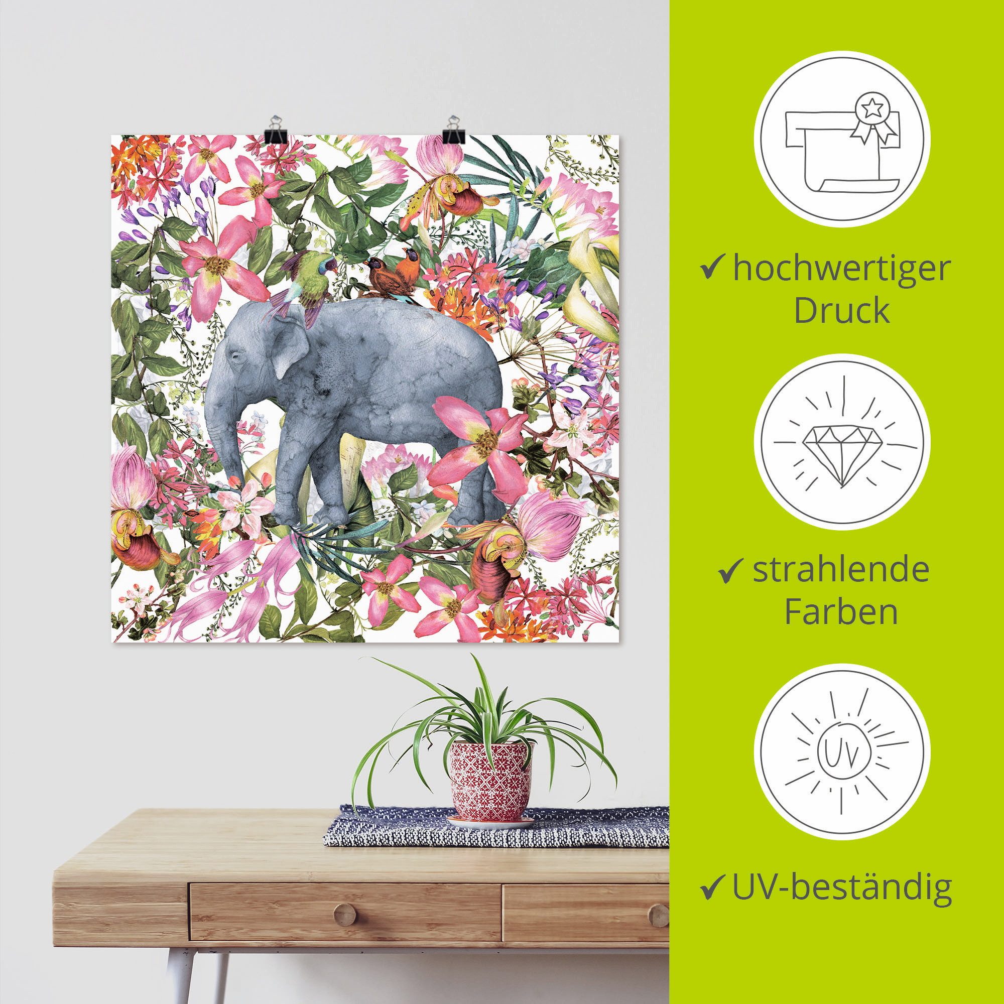 Artland Artprint Olifant in bloemen jungle als artprint op linnen, poster in verschillende formaten maten