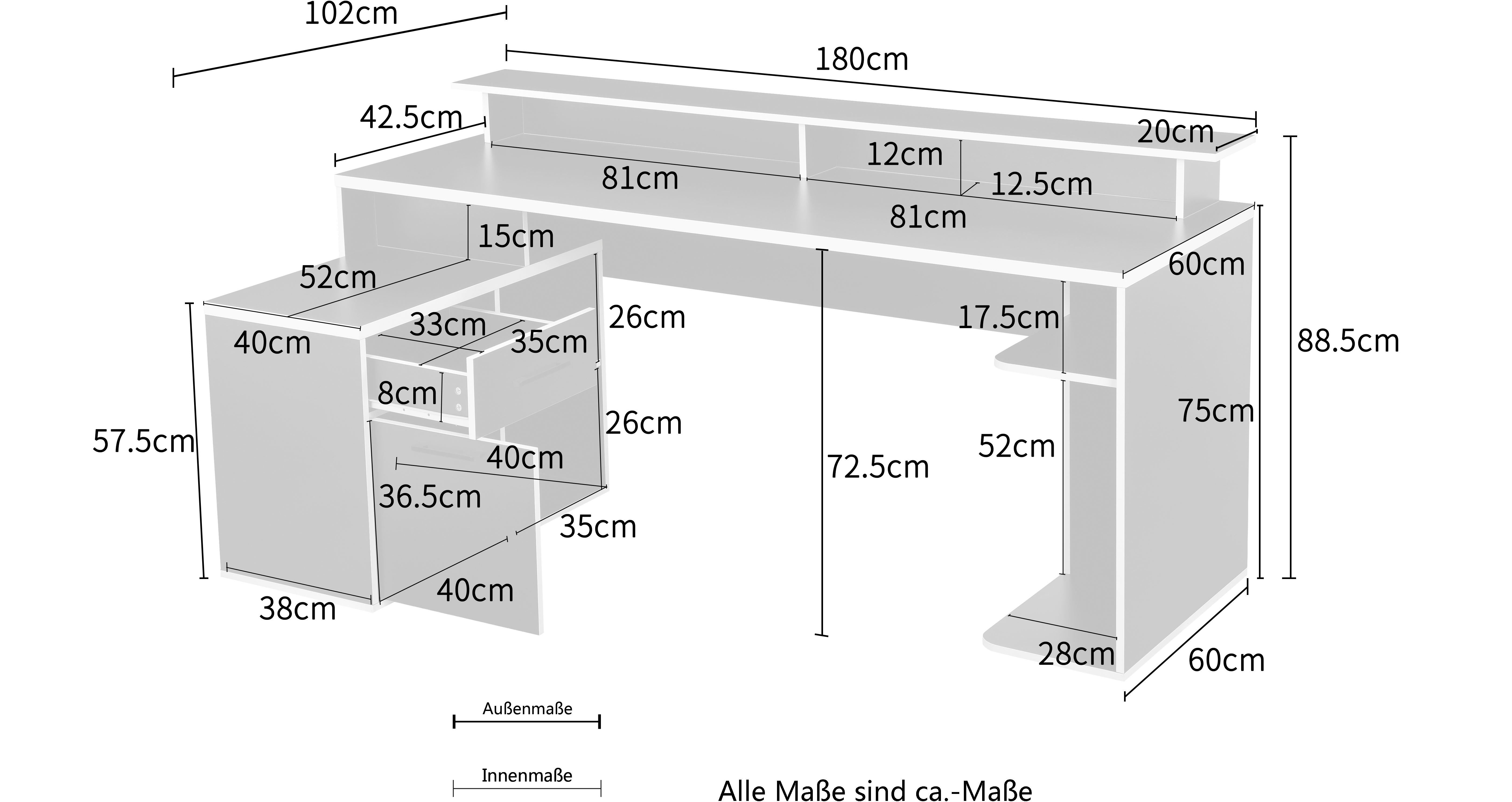 INOSIGN Gamingtafel Game, Computertisch, Hoekbureau , tower-vak, kabeldoorvoer, monitorsteun, opbergruimte, afmetingen 180x102 cm