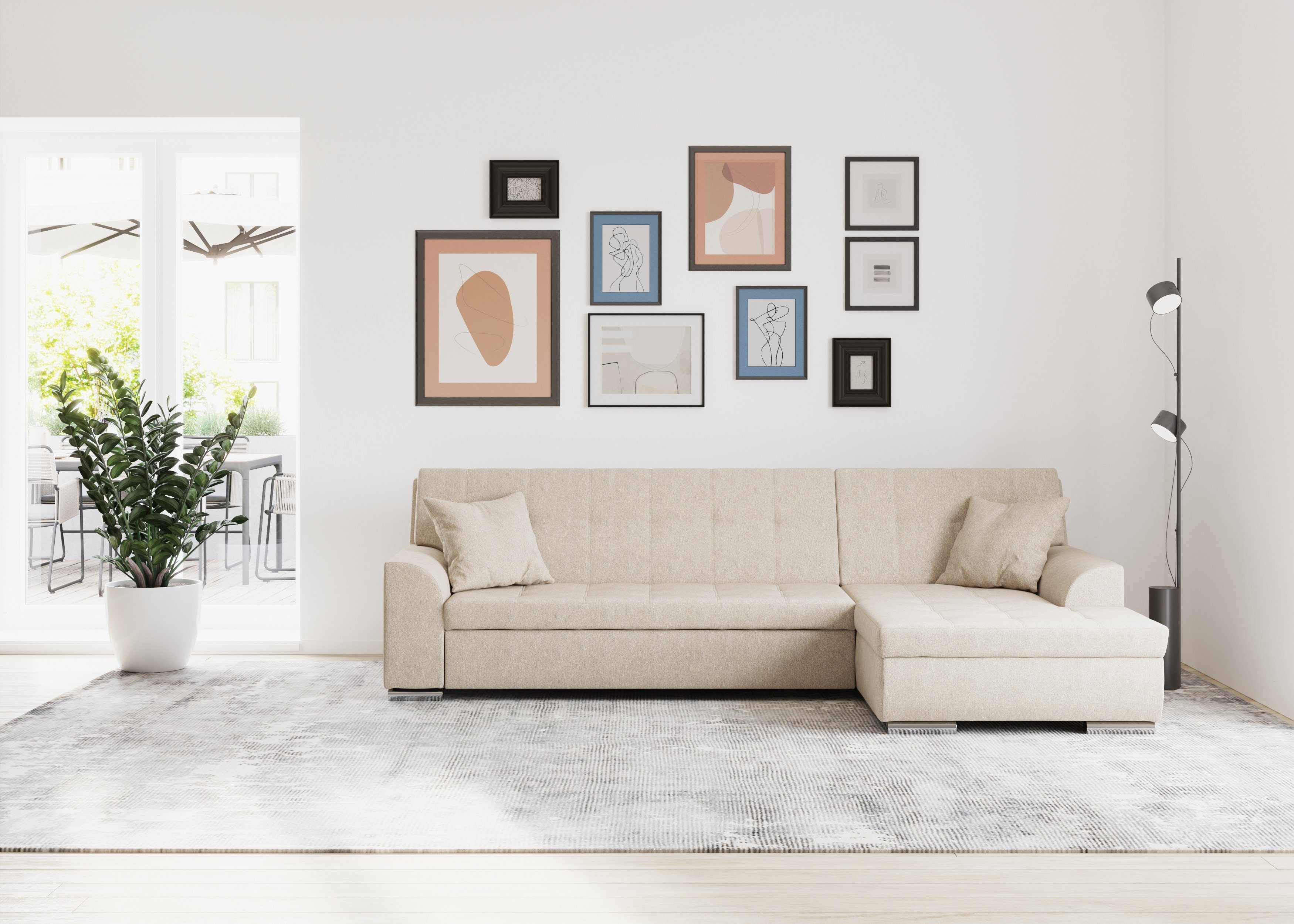 DOMO collection Hoekbank Treviso veel bekledingen, ook in cord, L-vorm, B/D/H: 267/80/83 cm optioneel met slaapbank functie, incl. sierkussens, hoogwaardig doorgestikt patroon