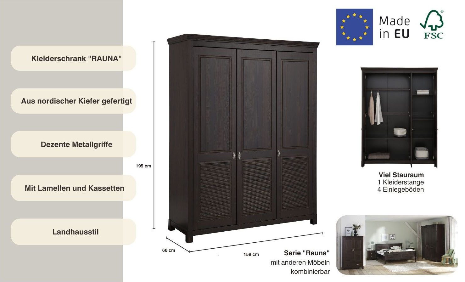 Home affaire Kledingkast Rauna, met lamellen en kassetten, klassiek landelijke stijl, rustiek massief grenen, metalen handgrepen, meerdere varianten, tijdloos design