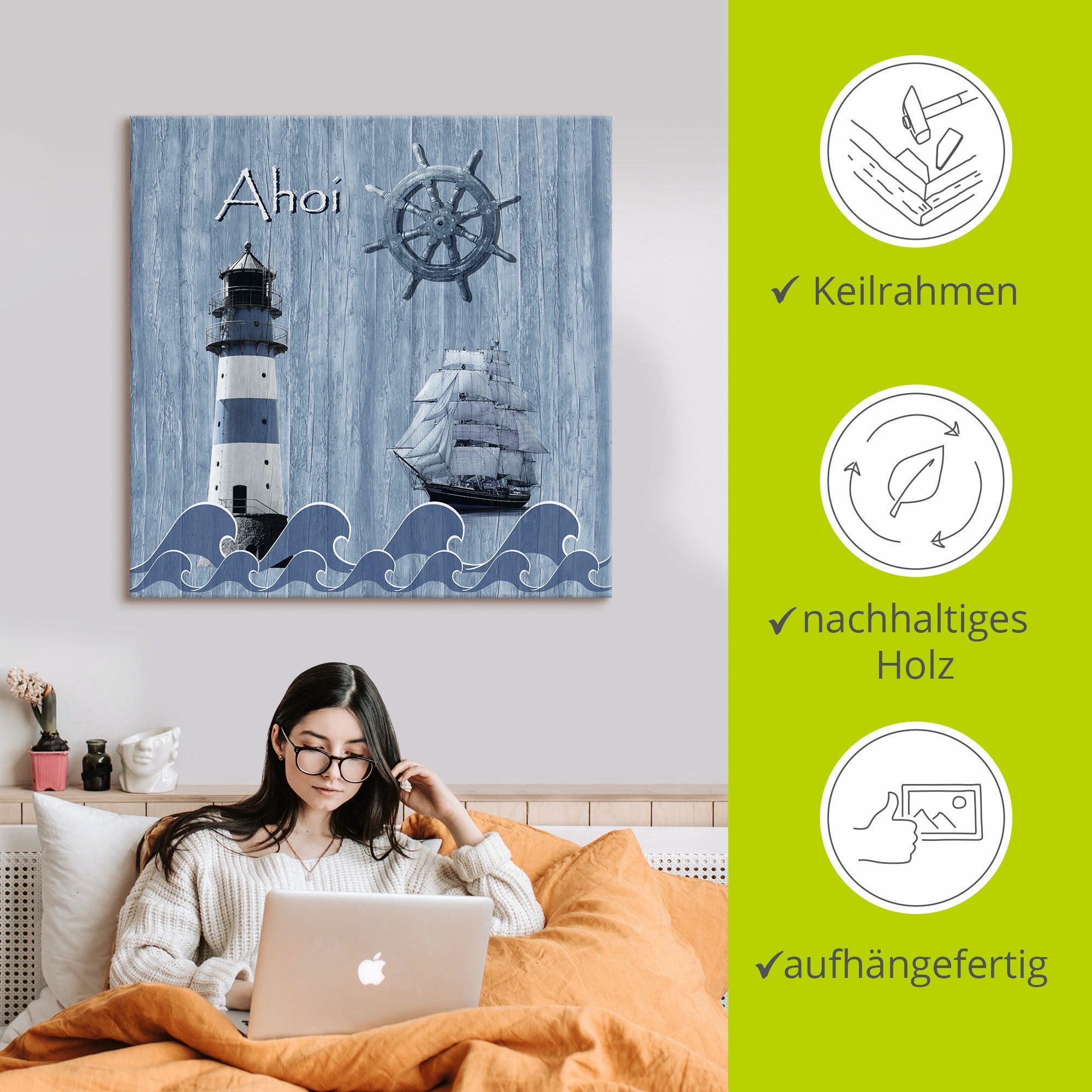 Artland Artprint Ahoy in maritiem blauw als artprint van aluminium, artprint voor buiten, artprint op linnen, poster, muursticker