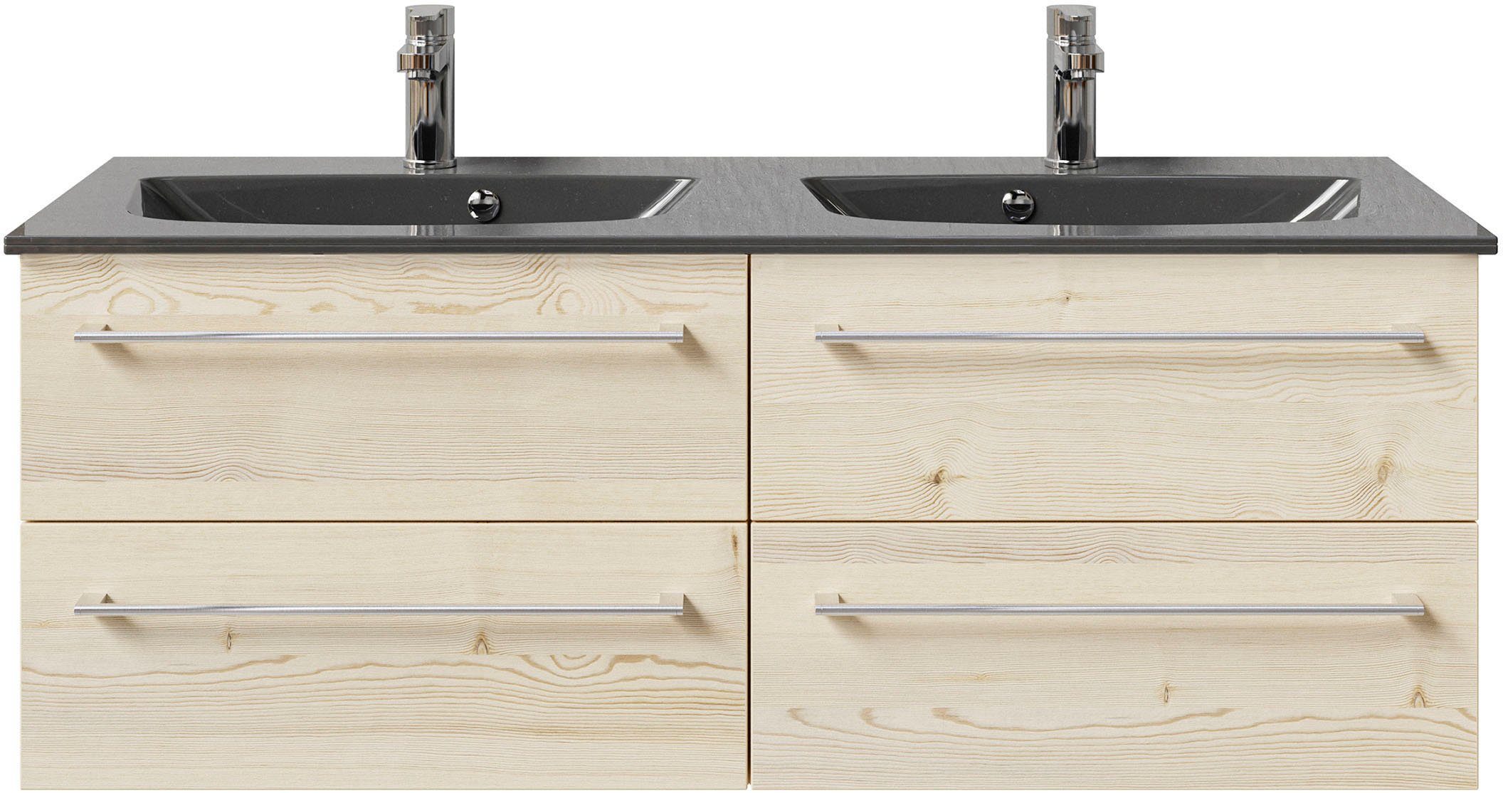 Saphir Wastafelonderkast Serie 6025 mineraalmarmeren wastafel met onderkast, 132 cm breed Dubbele wastafel met 4 lades, hangend, verschillende uitvoeringen (2-delig)