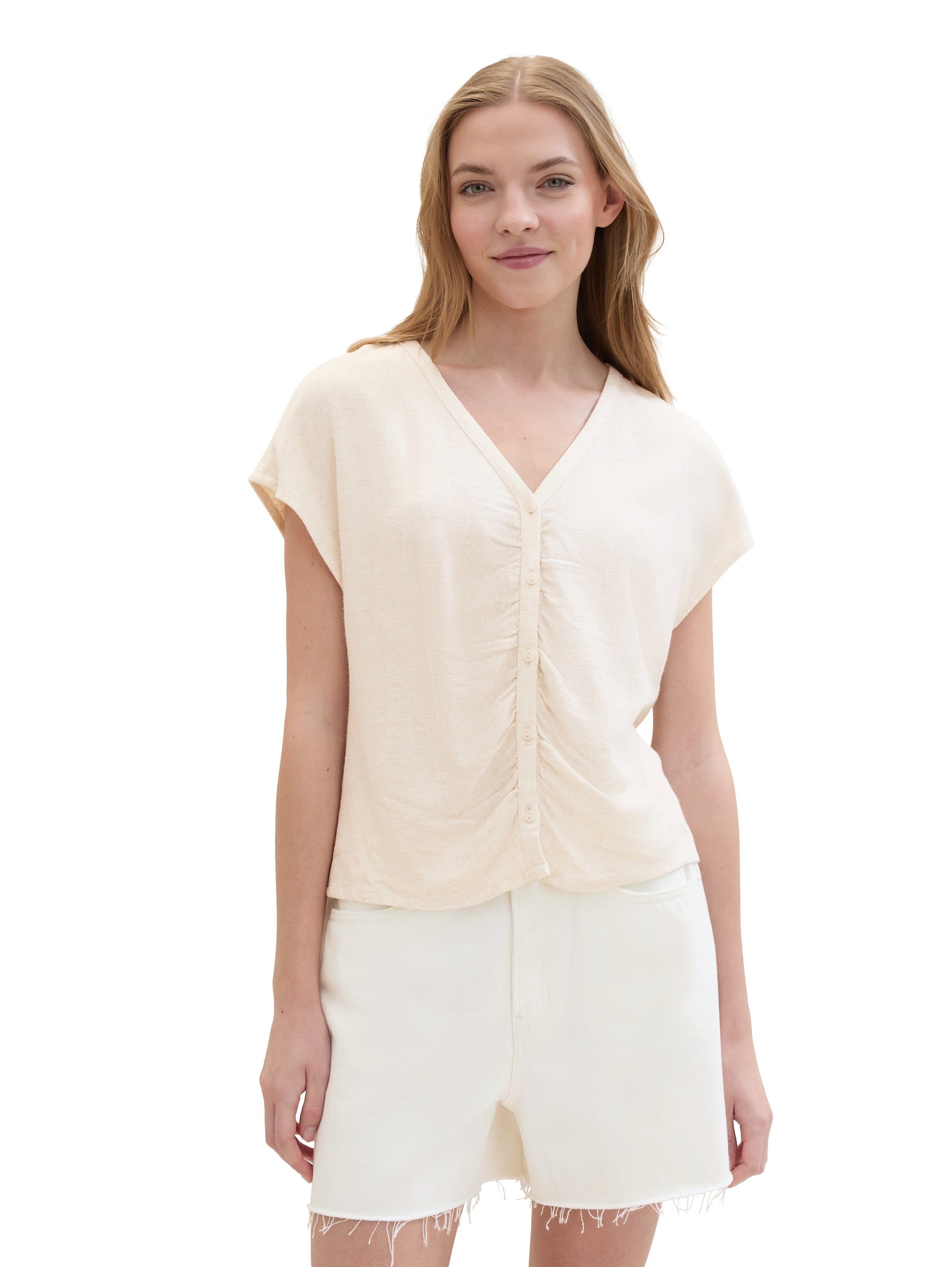 Tom Tailor Denim Blouse met korte mouwen met knoopsluiting en plooi