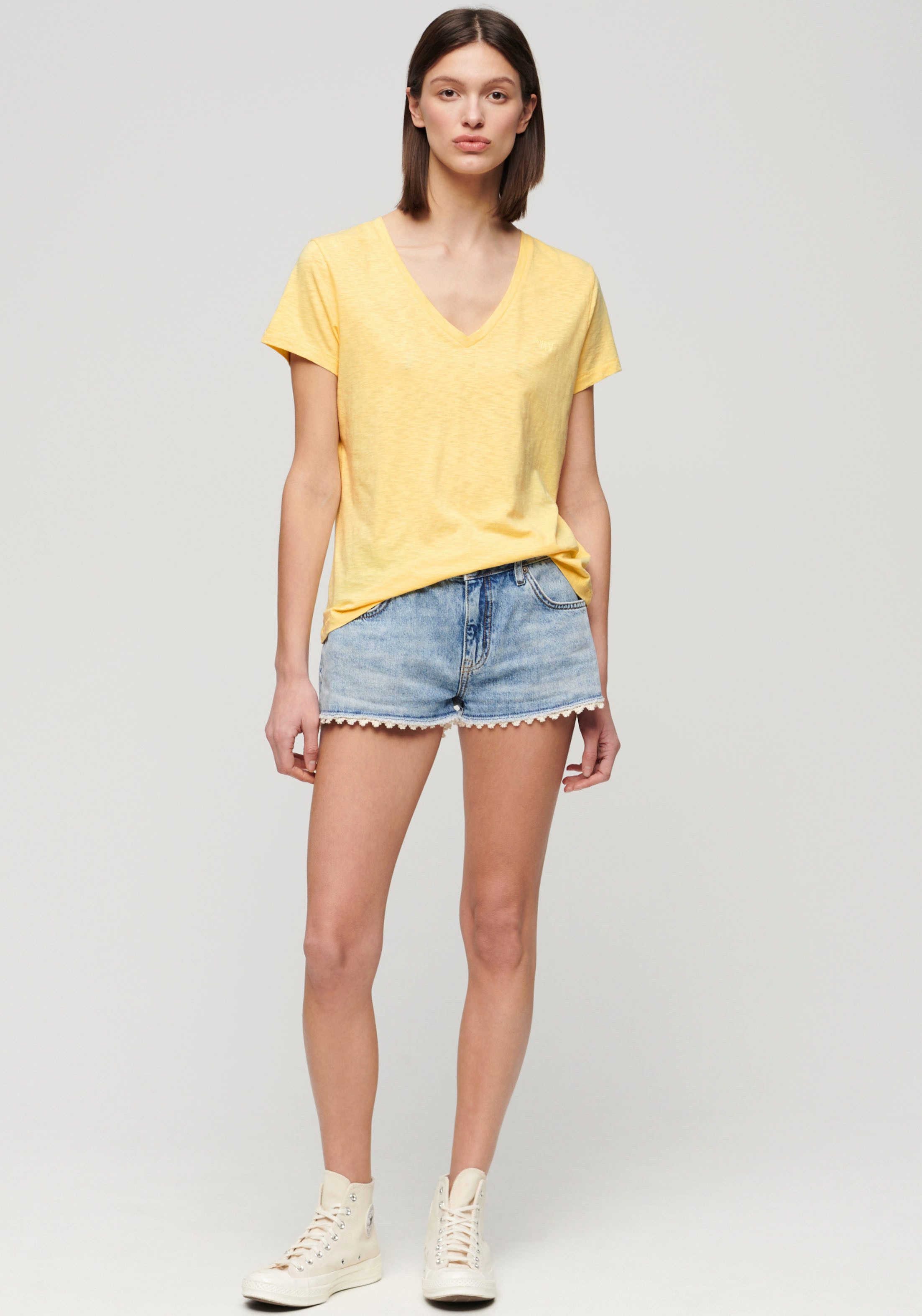 Superdry Shirt met V-hals STUDIOS SLUB EMB VEE TEE gestructureerd t-shirt met v-hals en borduursel