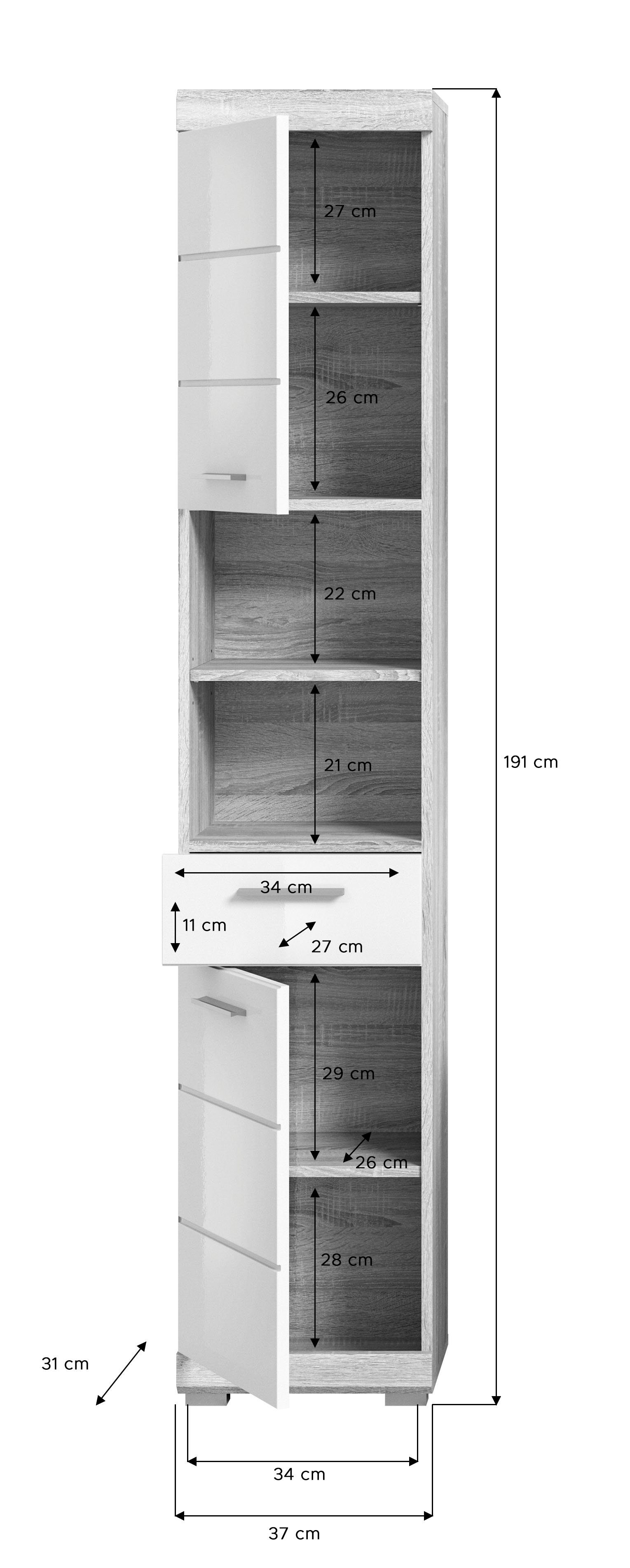 INOSIGN Hoge kast Siena, breedte 37 cm, 2 deuren, 1 lade, 2 open vakken, MDF-front in verschillende kleuren verkrijgbaar, badkamermeubels, badkamerkast, kast, badkamer (1 stuk)