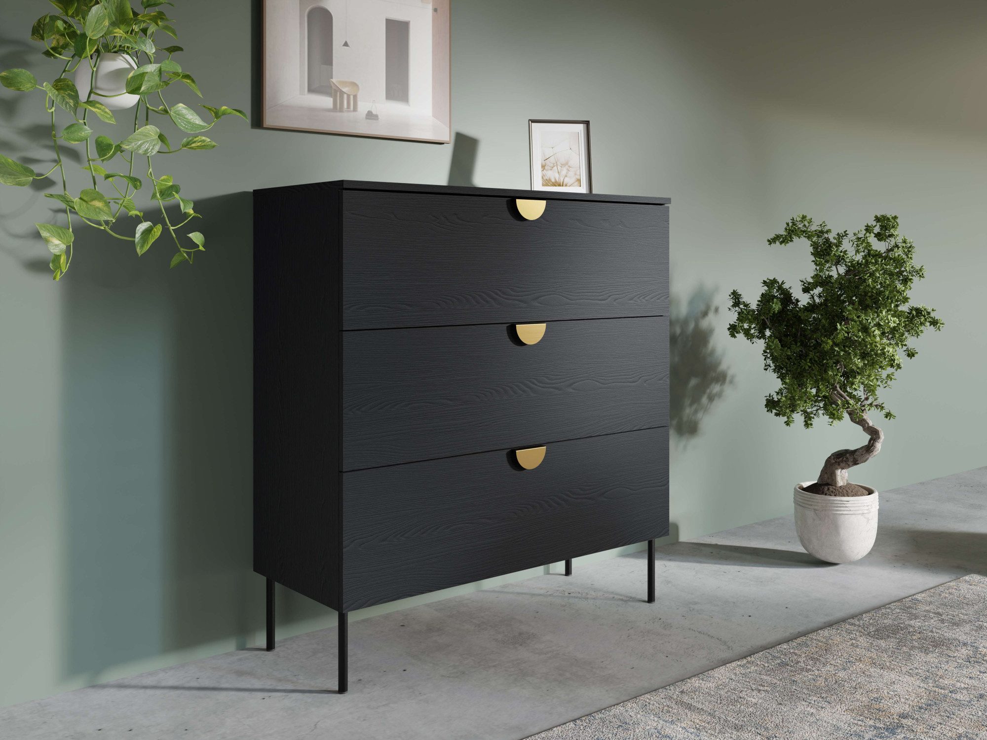Leonique Kast Commode Bellot met 3 lades en gouden metalen handgrepen dressoirs zwart