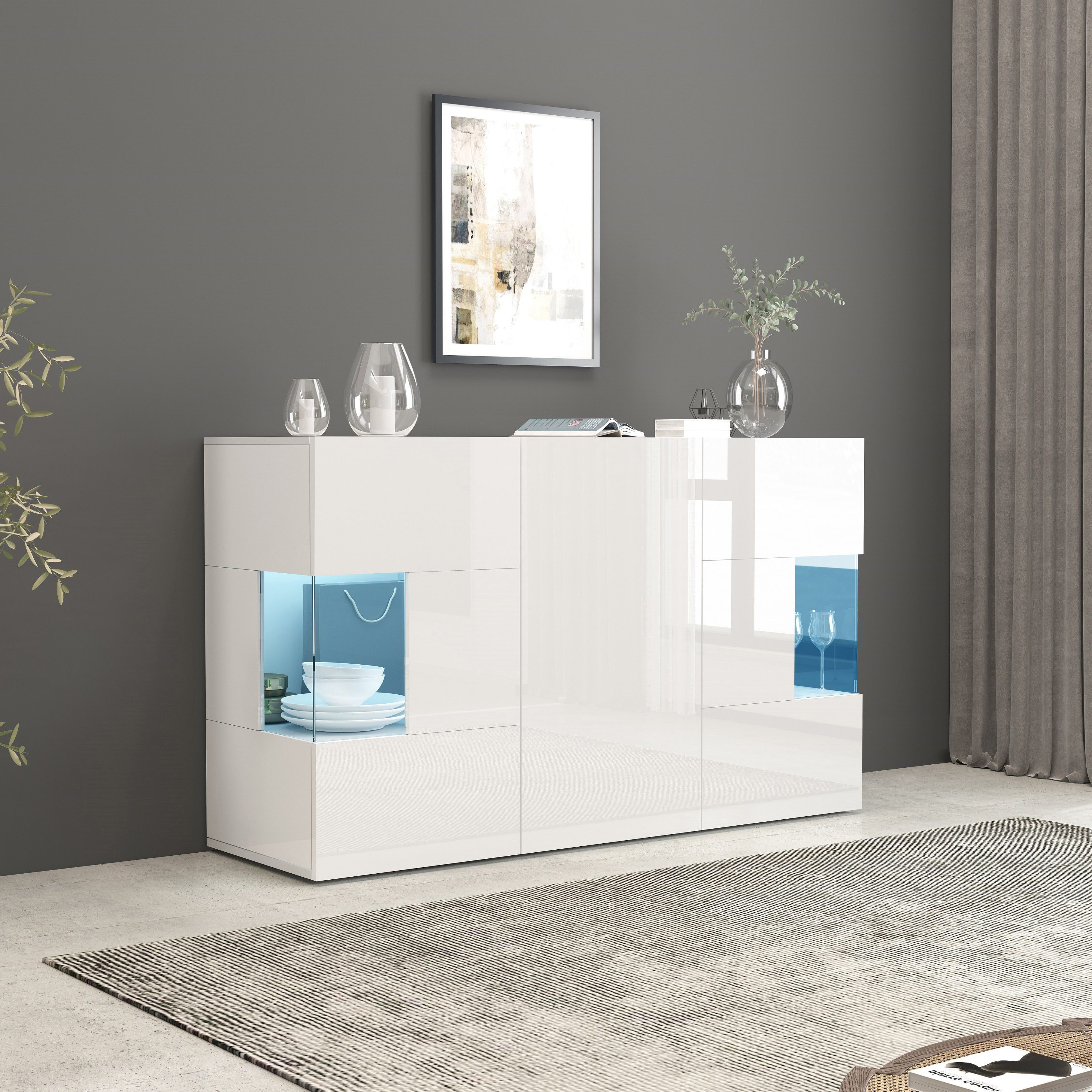 INOSIGN Dressoir Egypte, Ladekast, Kast, Buffet, Vitrine greeploos 3 deuren waarvan 2 met glaselement, volledig hoogglans gelakt breedte 135