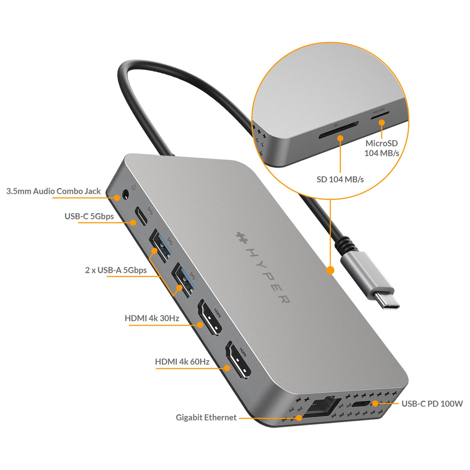 Targus Laptop-dockingstation HyperDrive dual 4K HDMI 10-in-1 USB-C hub voor M1/M2/M3 MacBooks