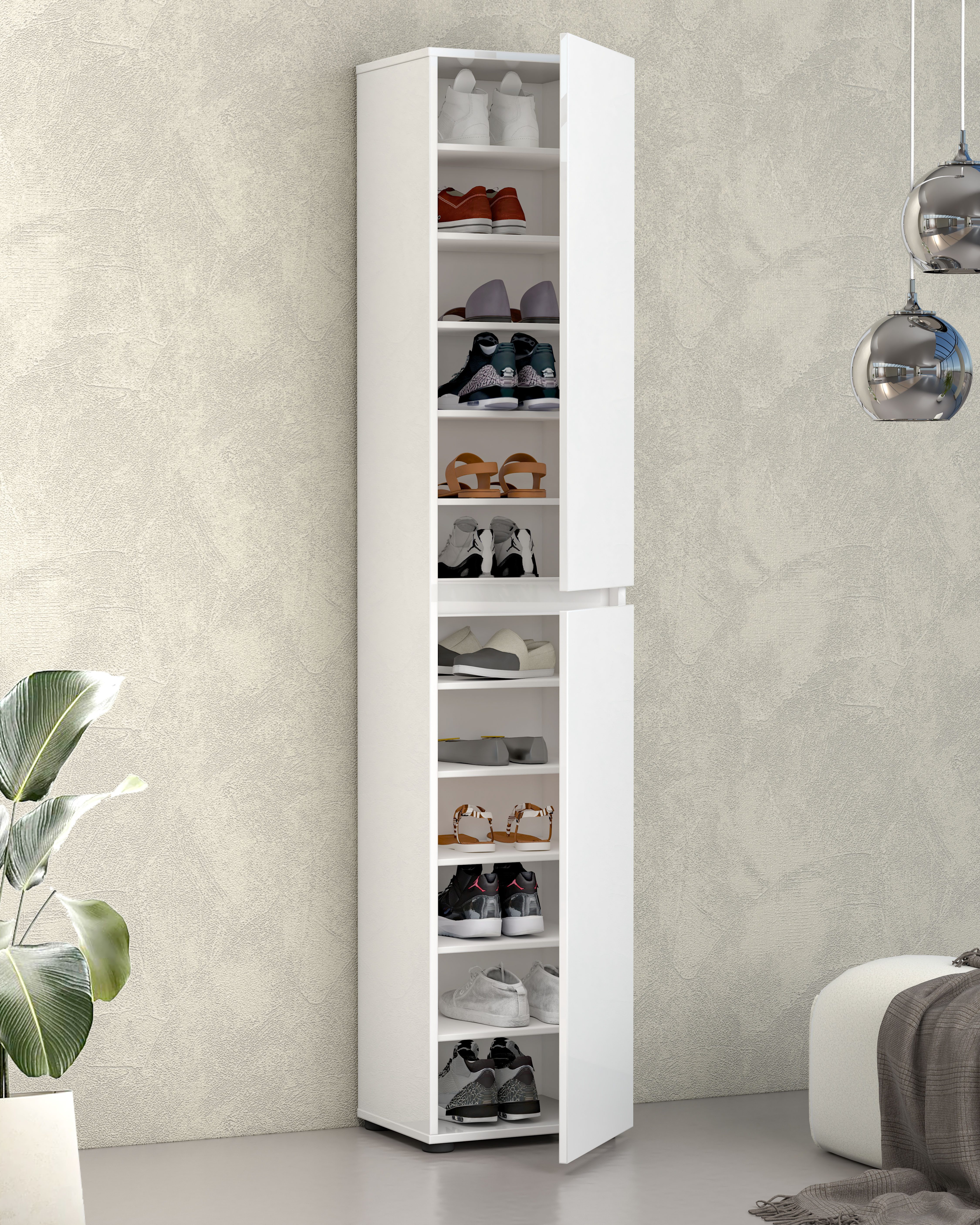 INOSIGN Schoenenkast Mister, schoenenkast, schoenenmeubelen, schoenenopslag, schoenenrek Breedte 40 cm, hoogte 200 cm, diepte 34 cm, 2 deuren, 12 vakken, hoogglans