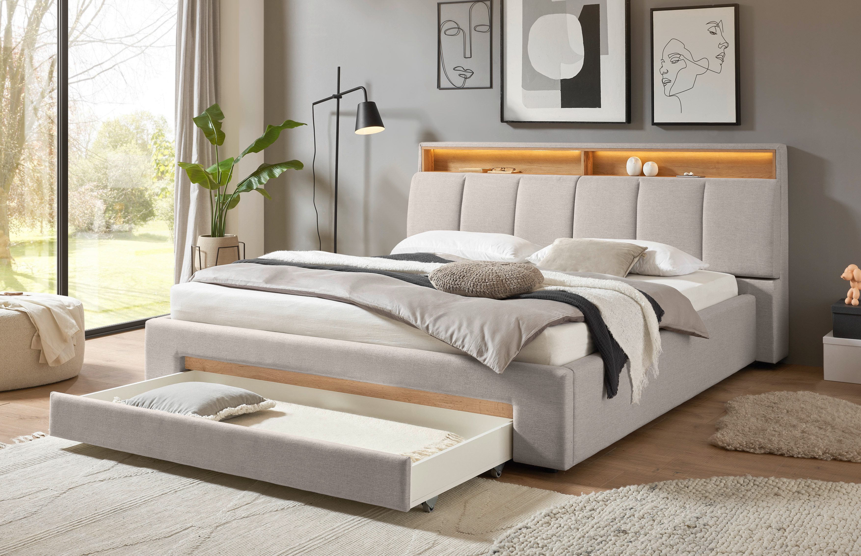 INOSIGN Gestoffeerd bed CiTY/GiRON,, gepolsterd opbergbed, met LED-verlichting Bedkisten met hondenbed of als opbergruimte, opklapbare hoofdeinden