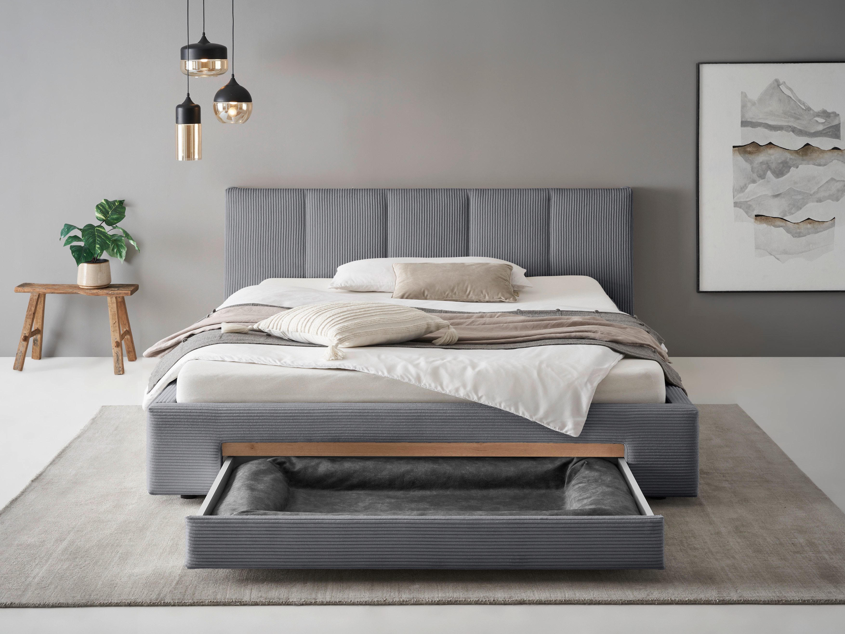 INOSIGN Gestoffeerd bed CiTY/GiRON, bedframe met bedlade, gestoffeerd opbergbed met hondenbed of opberglade, bekleding van corduroy of linnenlook