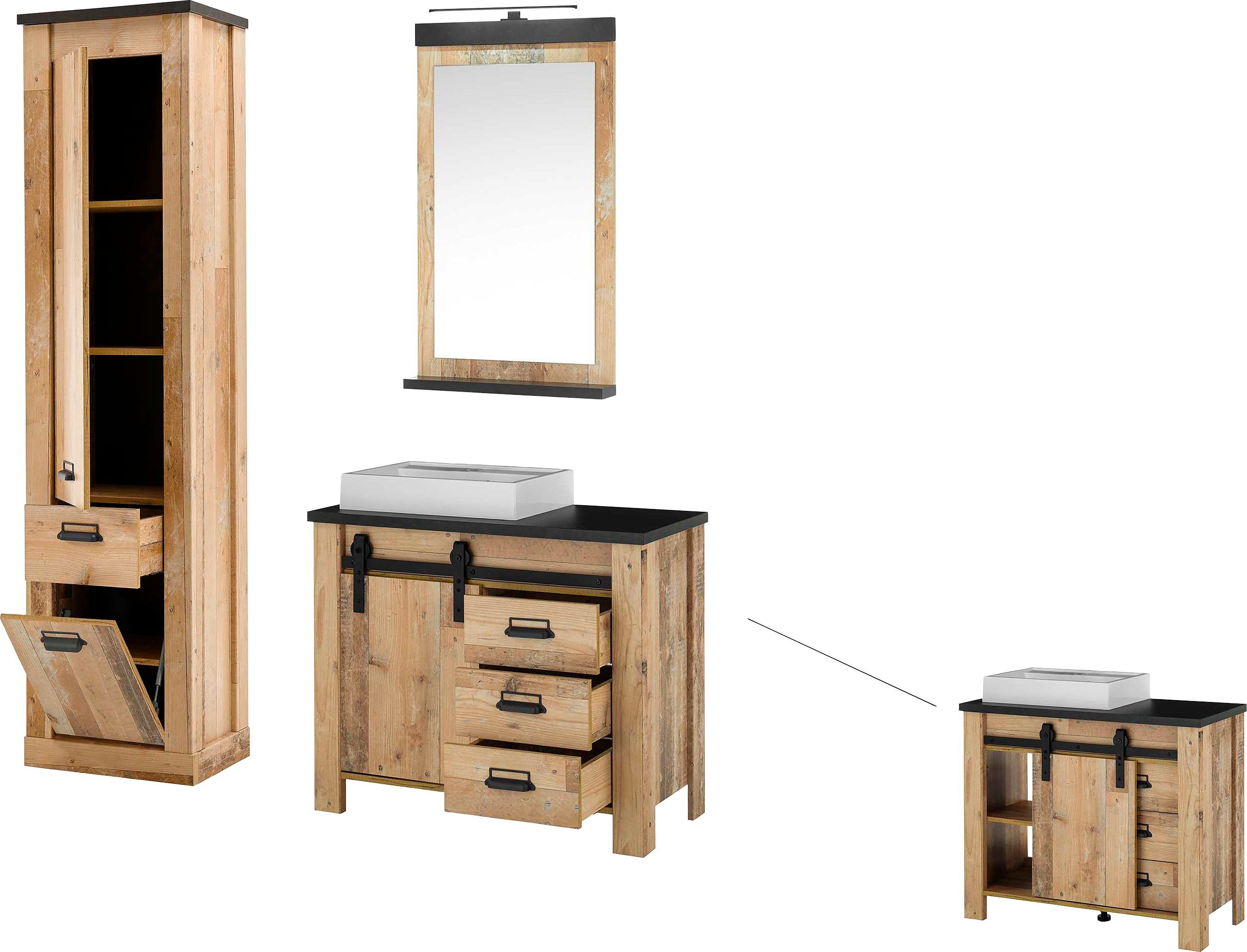 Home affaire Badkamerserie SHERWOOD, Bad im modernen Design, 3-teiliges Badezimmer in houtdecor, met schuurdeurbeslag en apothekersgrepen van metaal (3-delig)