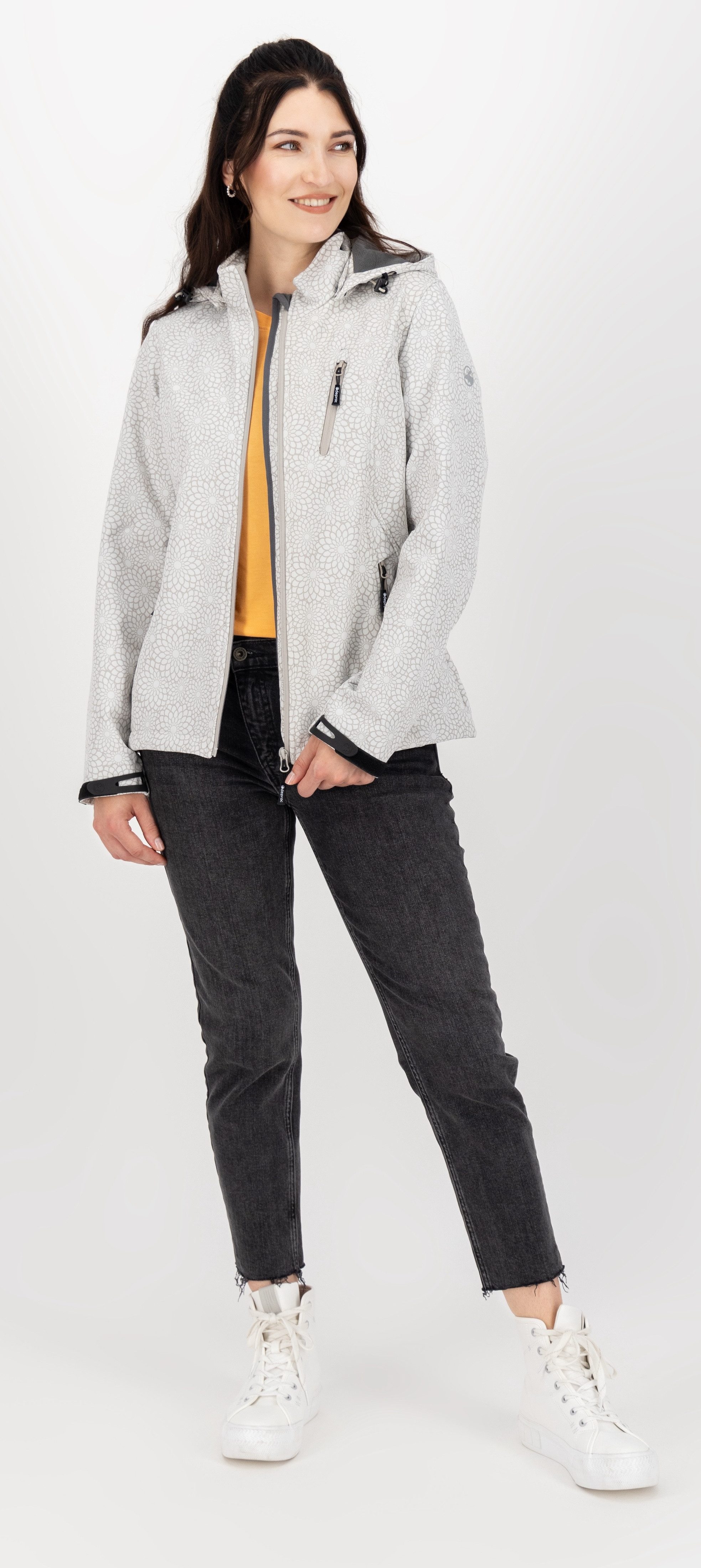 DEPROC Active Softshell-jack SHELBY PEAK DC licht softshell-jack met all-over-print en afneembare capuchon