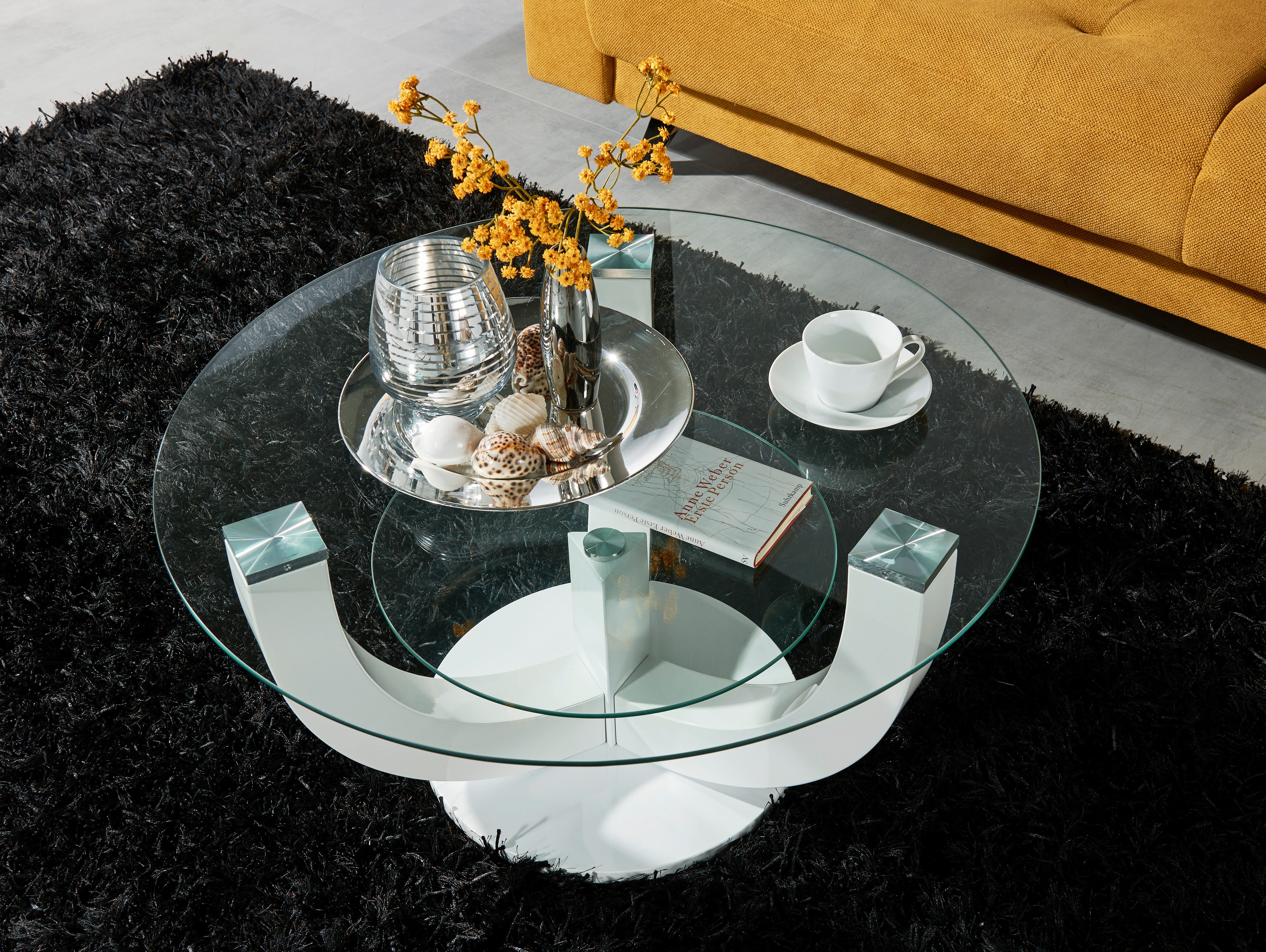 Stolkom Salontafel Denver, TOPSELLER! rond met glas, tafel -onderstel wit hoogglans