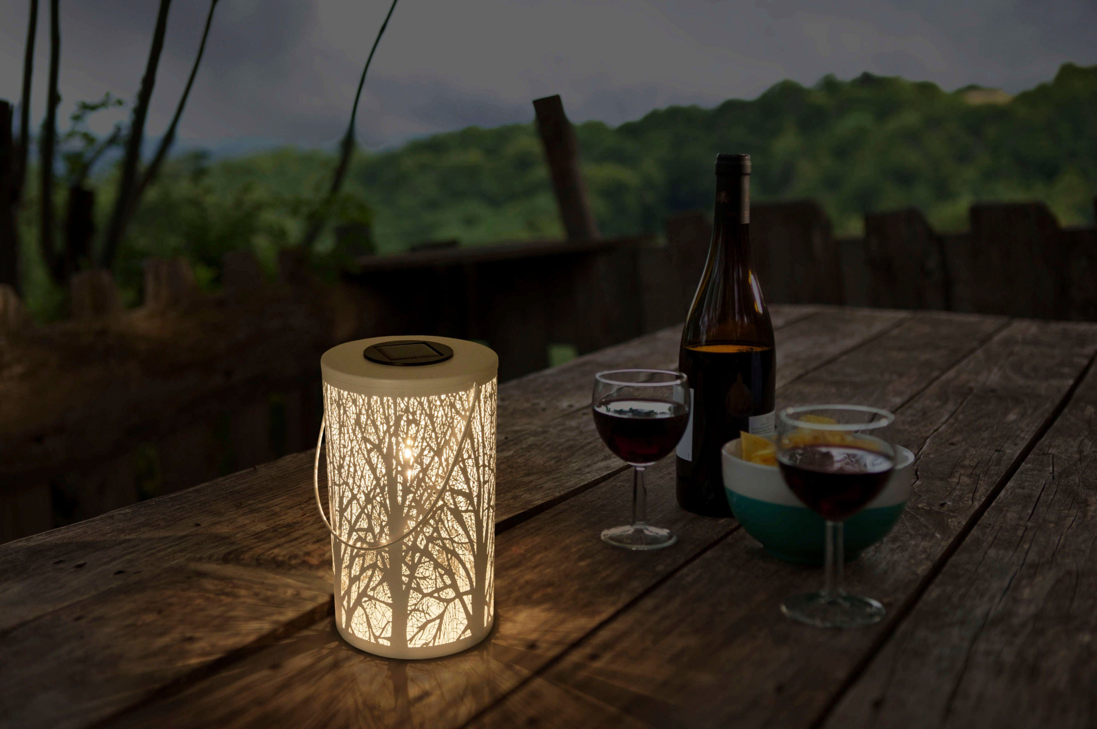 näve Ledsolarlamp Bos rond d: 12 cm, h: 20 cm, wit, bosmotief, warmwit licht, accu, handgreep (1 stuk)