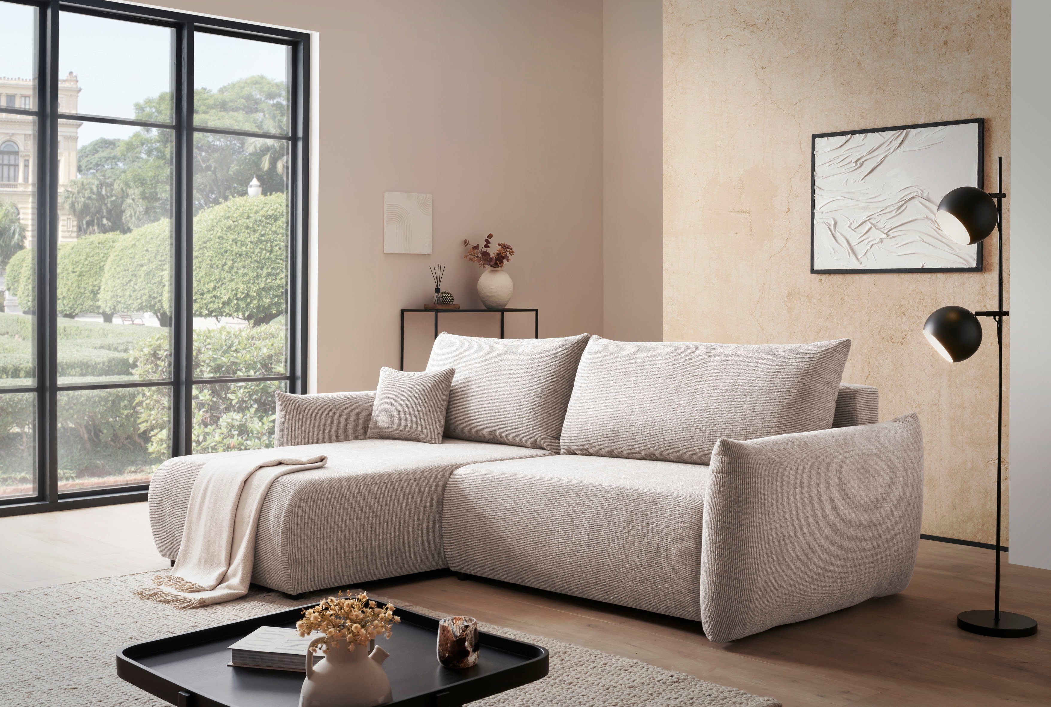 INOSIGN Hoekbank MAVAS bedbank met bedkist, L-model, ca. 257/127 cm (ligoppervlak 212/145 cm), ribfluweel, chenille, structuur