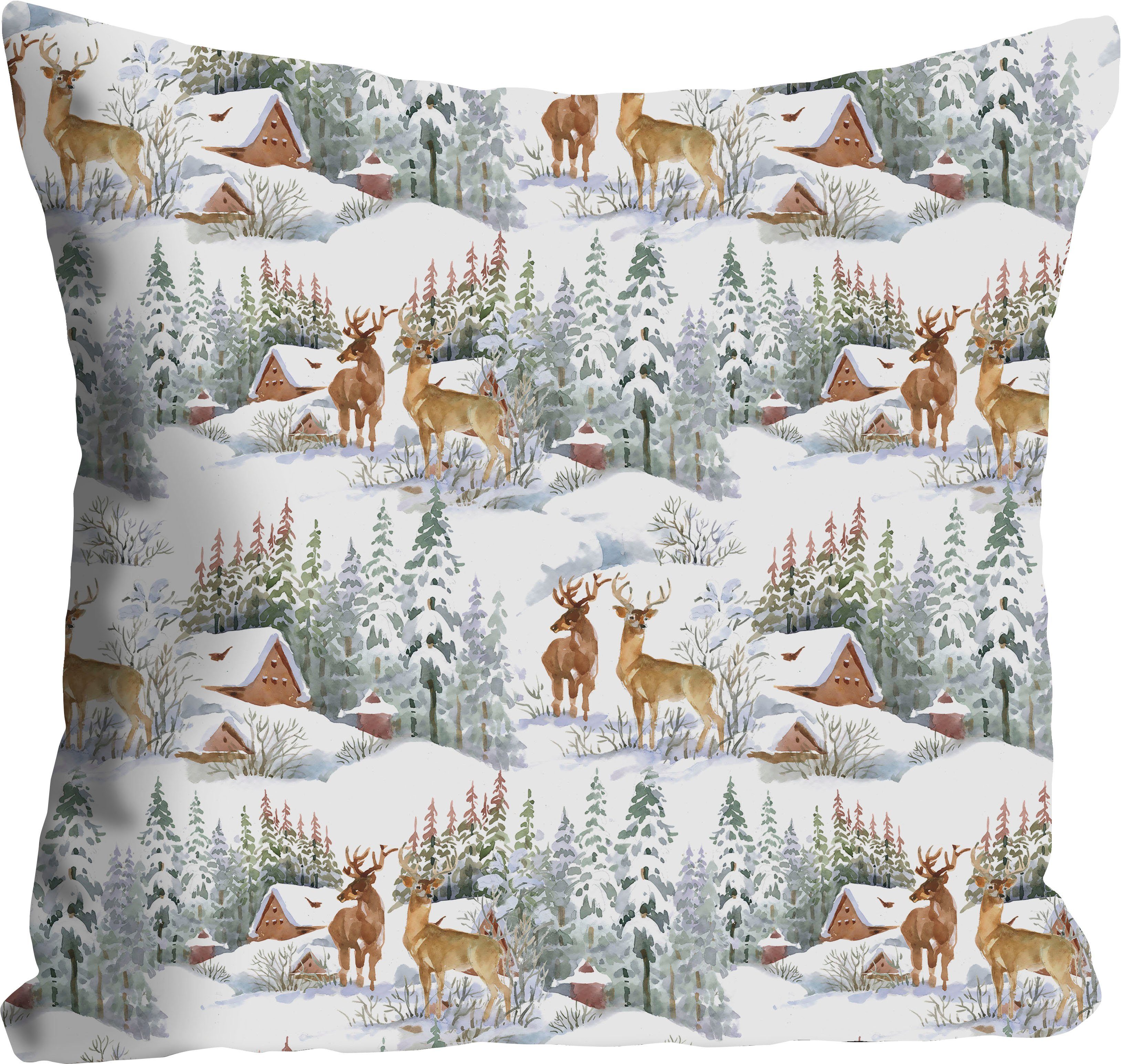 queence Sierkussen Fabian Kussenhoes, winterlandschap, herten, sneeuw, winterachtig, feestelijk, natuur (1 stuk)