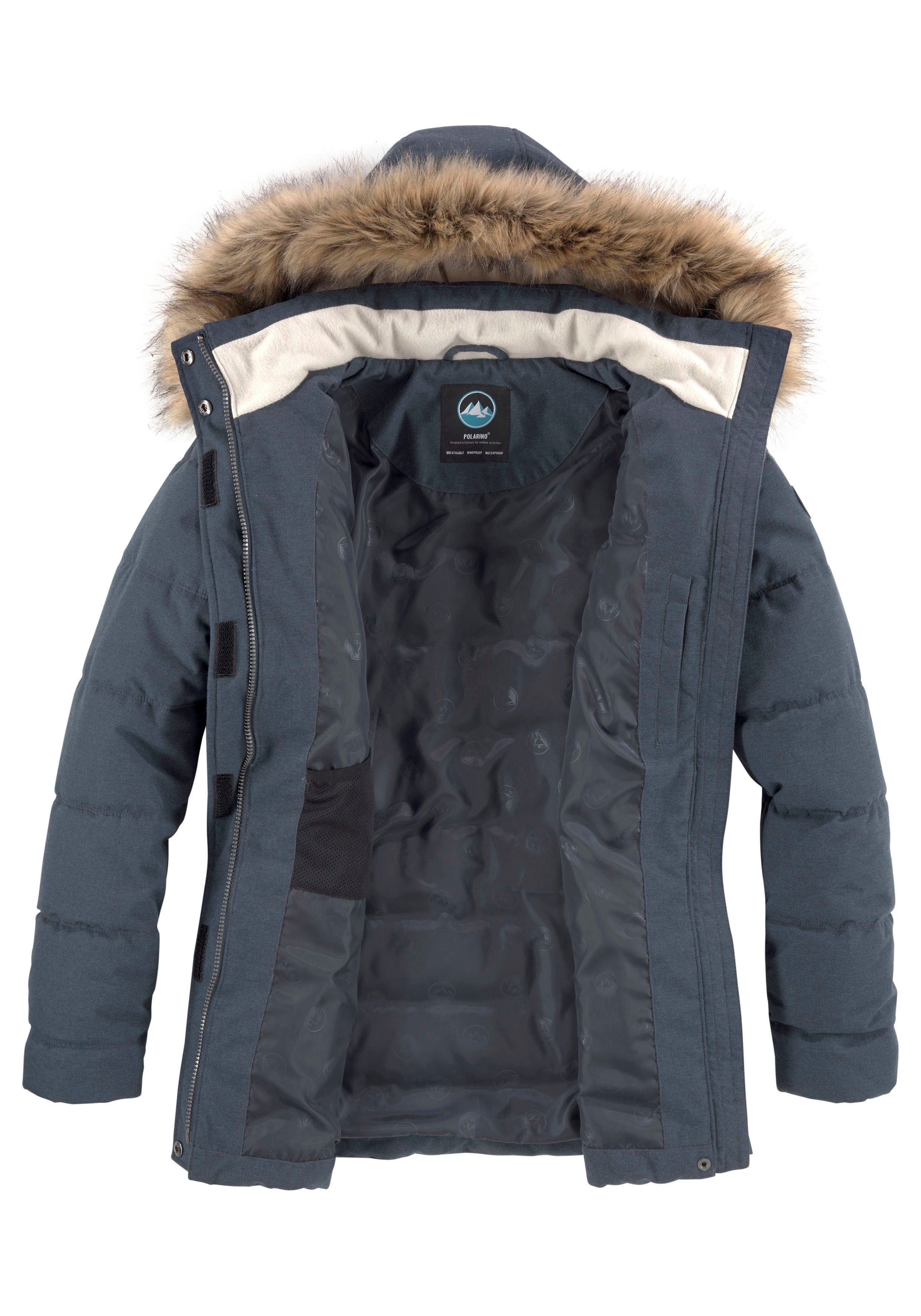 Polarino Gewatteerde jas met afneembare capuchon, met faux fur, veel zakken