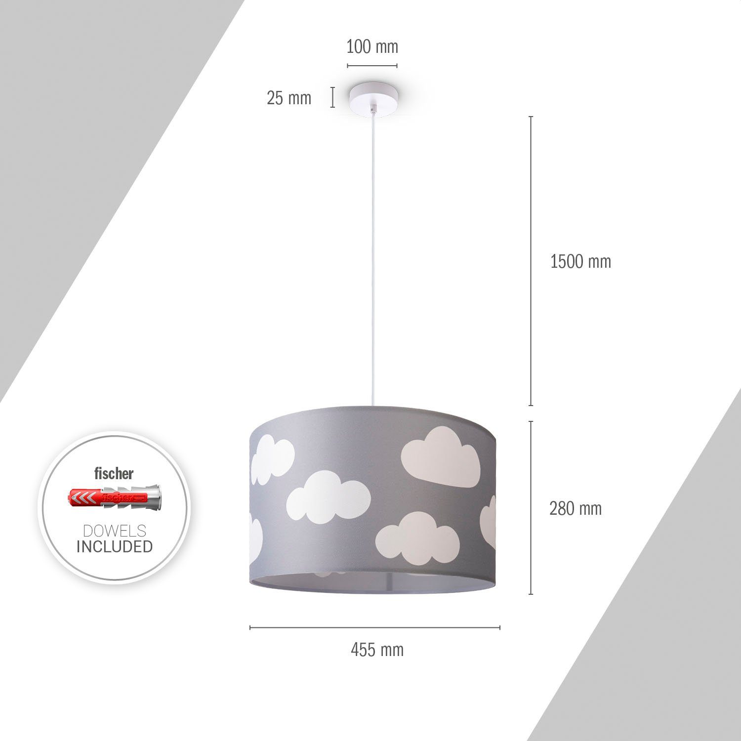 Paco Home Hanglamp Hugo Cosmo Pendellamp kinderkamer wolken lucht stof lampenkap rond E27