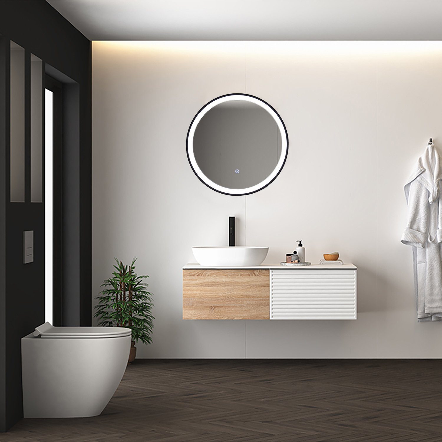 Paco Home Wandlamp YANNI Verlichte spiegel LED achterlicht rond 50cm IP44 touch-zwart