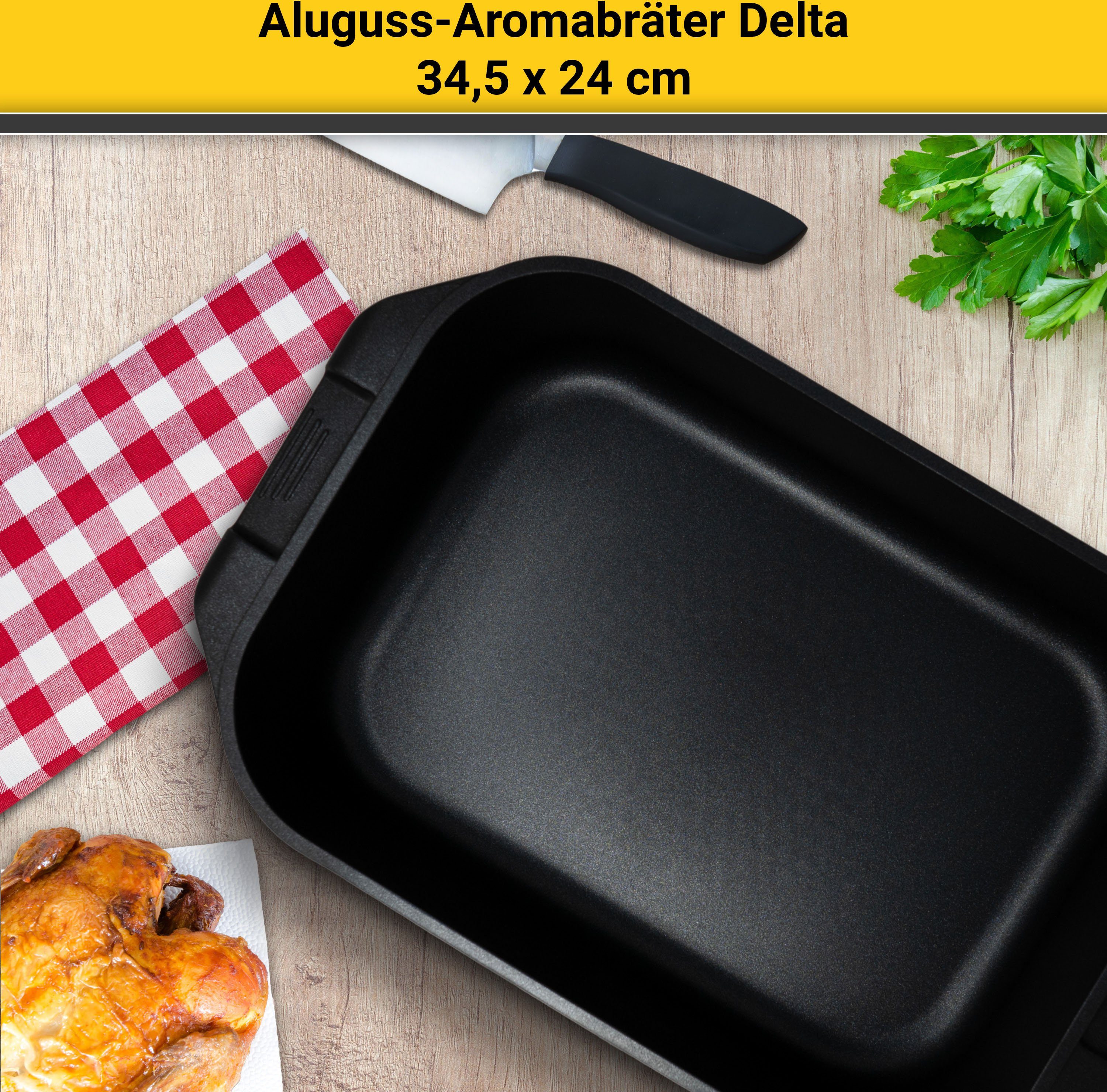 Krüger Braadpan Gietaluminium aroma-braadpan met glazen deksel en aromaknop delta, 34,5x24x9 cm