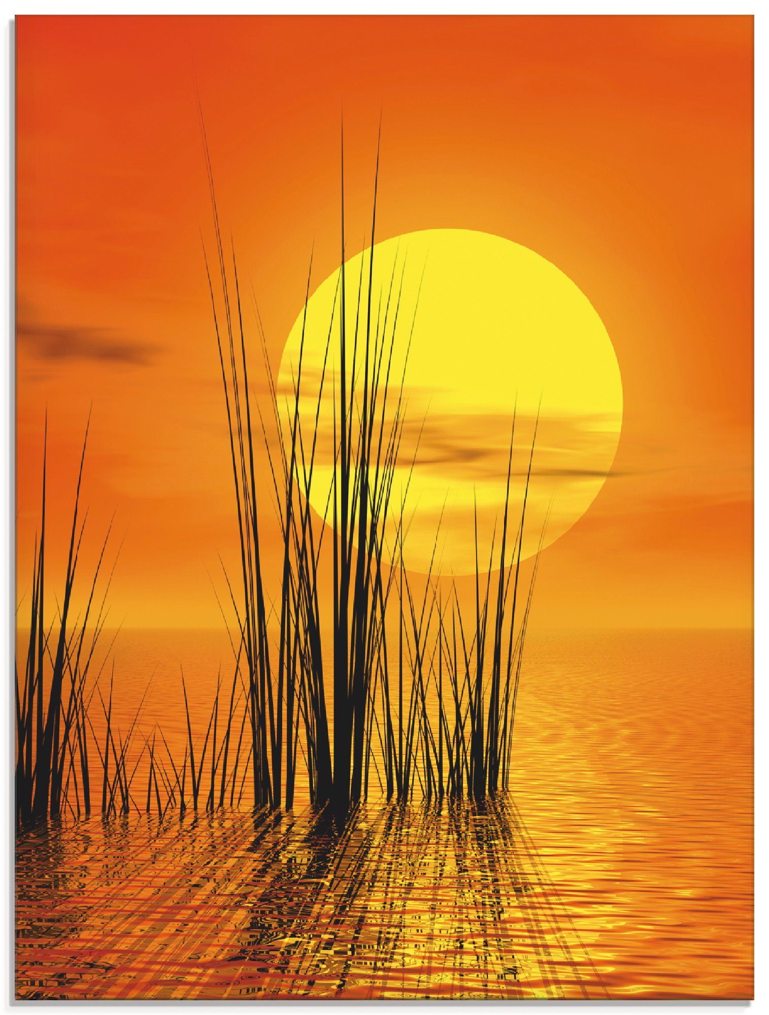 Artland print op glas Sonnenuntergang mit Schilf