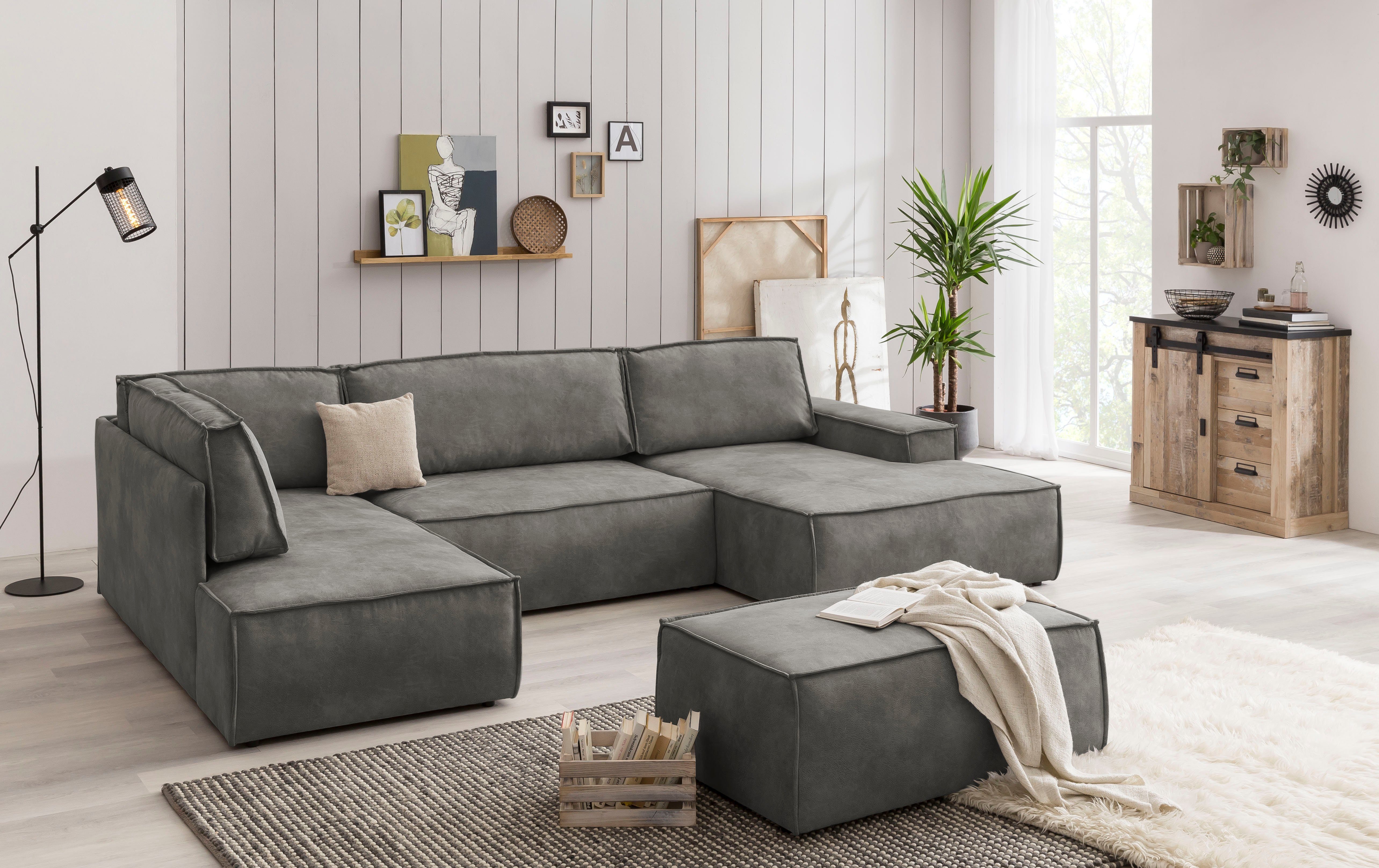 Home affaire Zithoek SHERWOOD 329 cm, U-vorm, slaapbank, Slaapfunctie met bedkist (194x139 cm), cord, vintage, fluweel
