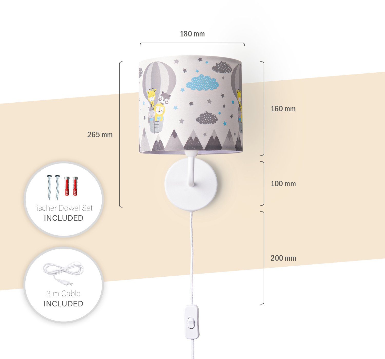 Paco Home Wandlamp Cosmo 343 Lamp kinderkamer stekker âˆ…18cm luchtballon dieren kabel 3m E14