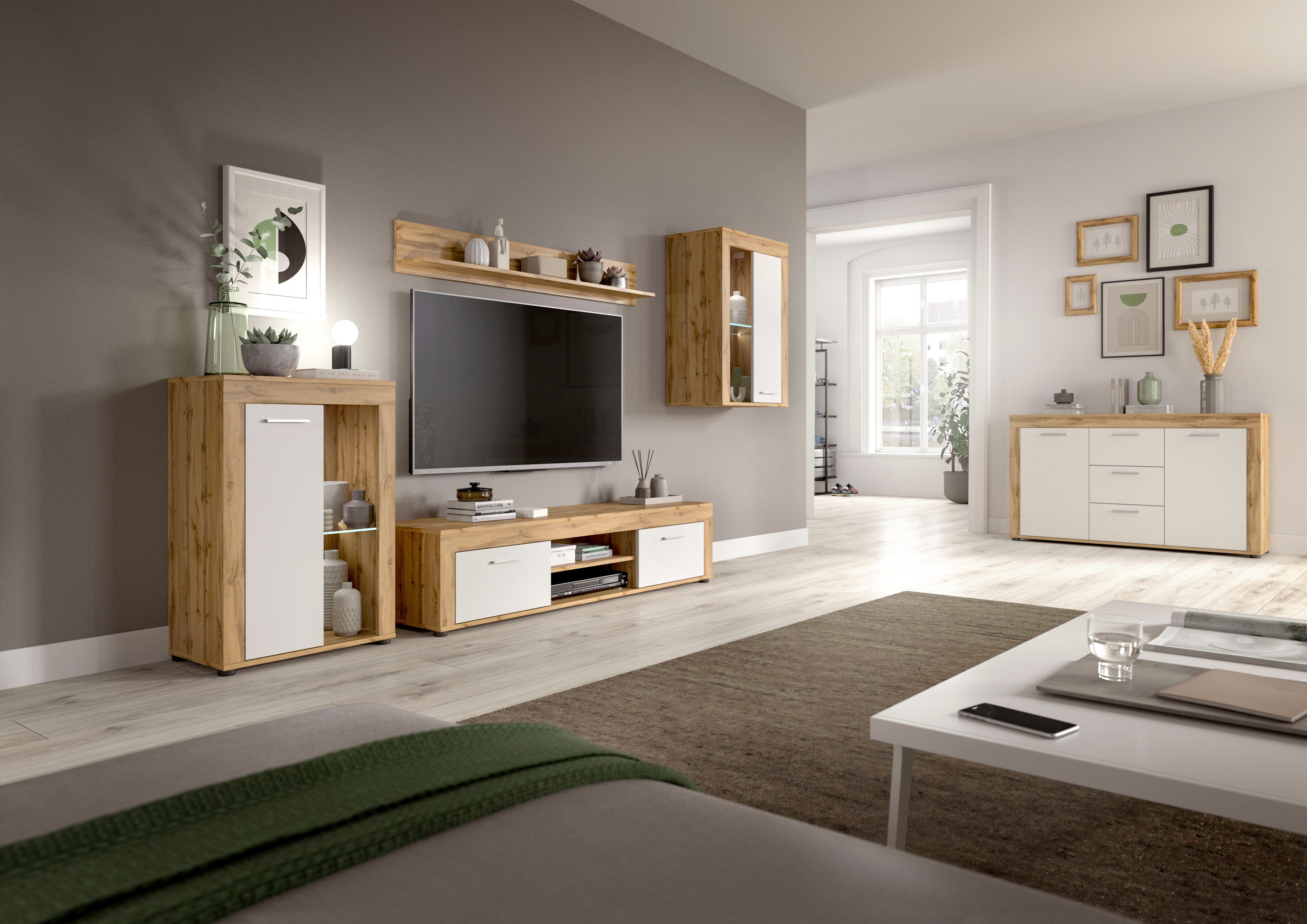 INOSIGN Wandmeubel Aosta, 4-delig, bestaande uit: vitrinekast, lowboard, wandplank & hoge vitrinekast (4-delig)