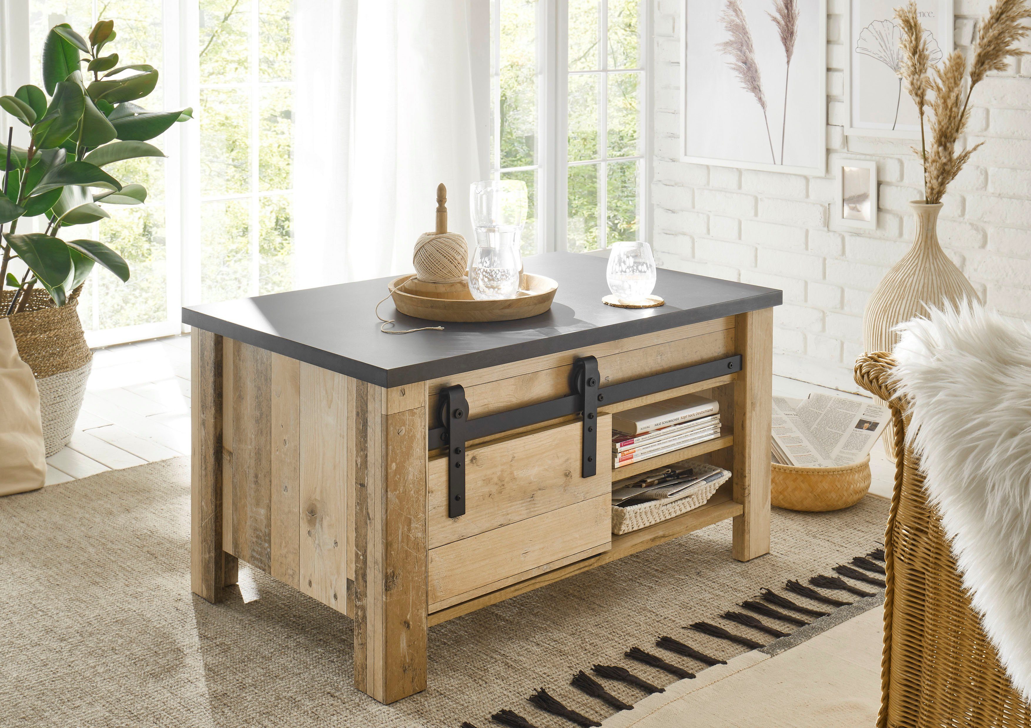 Home affaire Salontafel Sherwood moderne houtdecor, met schuurdeurbeslag van metaal, breedte 93 cm
