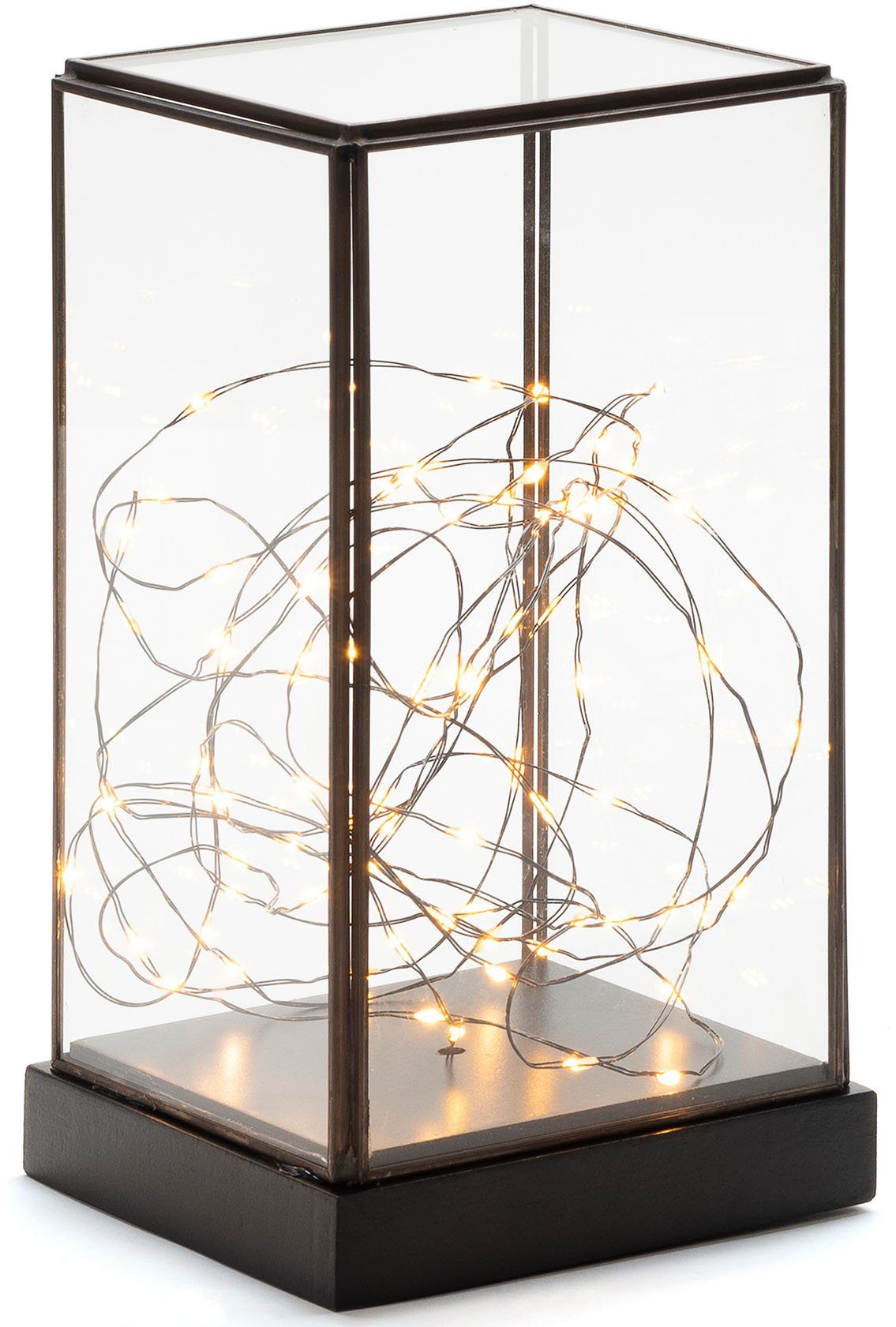 KONSTSMIDE Led lantaarn Kerst versiering Glazen led-lantaarn rechthoekig met zwarte houten basis (1 stuk)