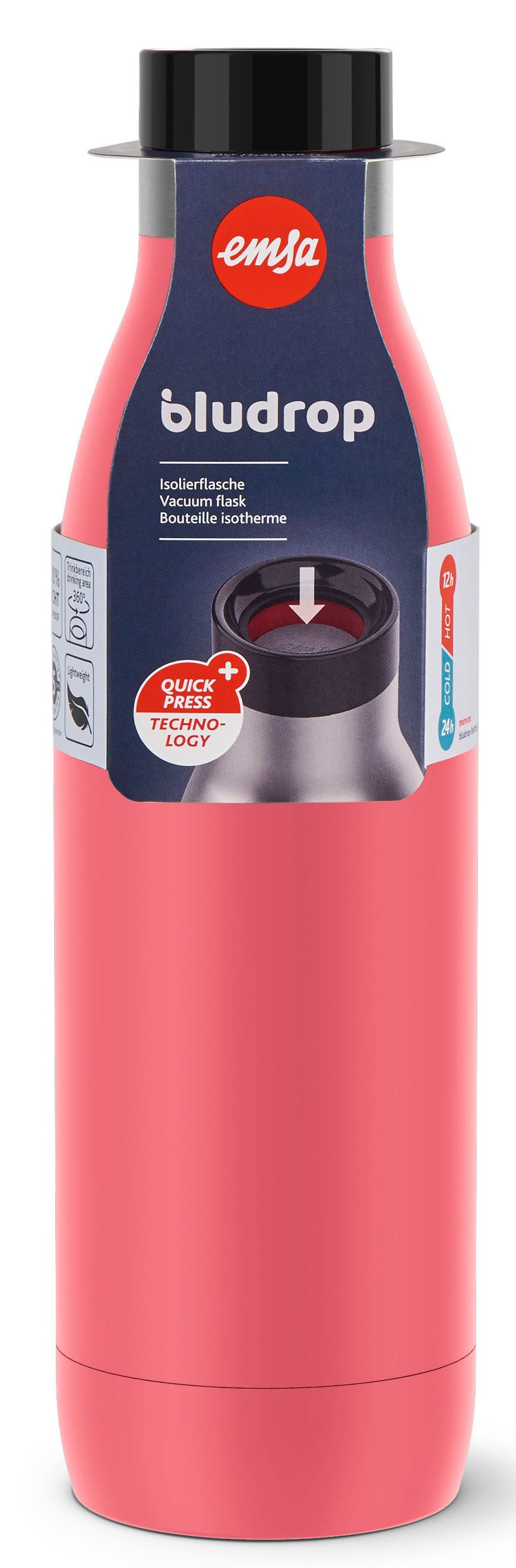 Emsa Thermosfles Drinkfles Bludrop Roestvrij staal, Quick-Press deksel, 360° drinkplezier, 12 uur warm/24 uur koel (1-delig)