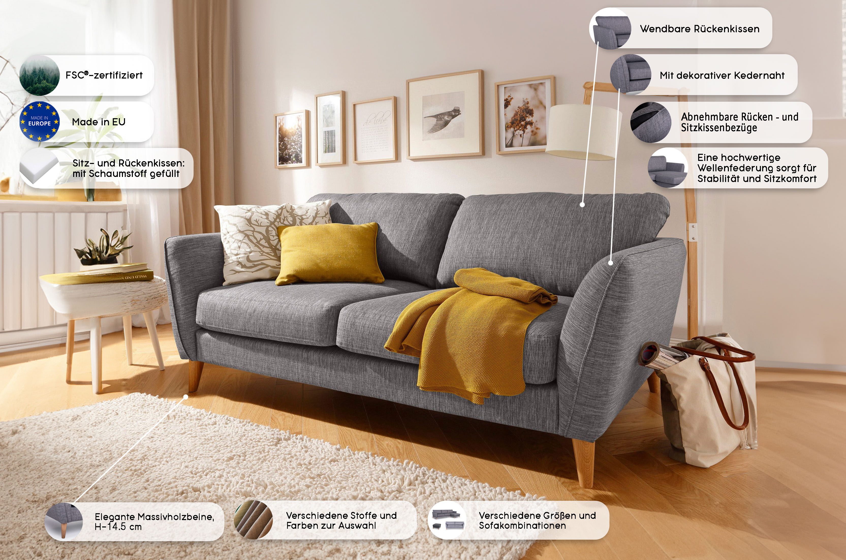Home affaire 2-zitsbank MARSEILLE compact bank 170 cm, cord, vlakke weefsel, structuur, geweven stof