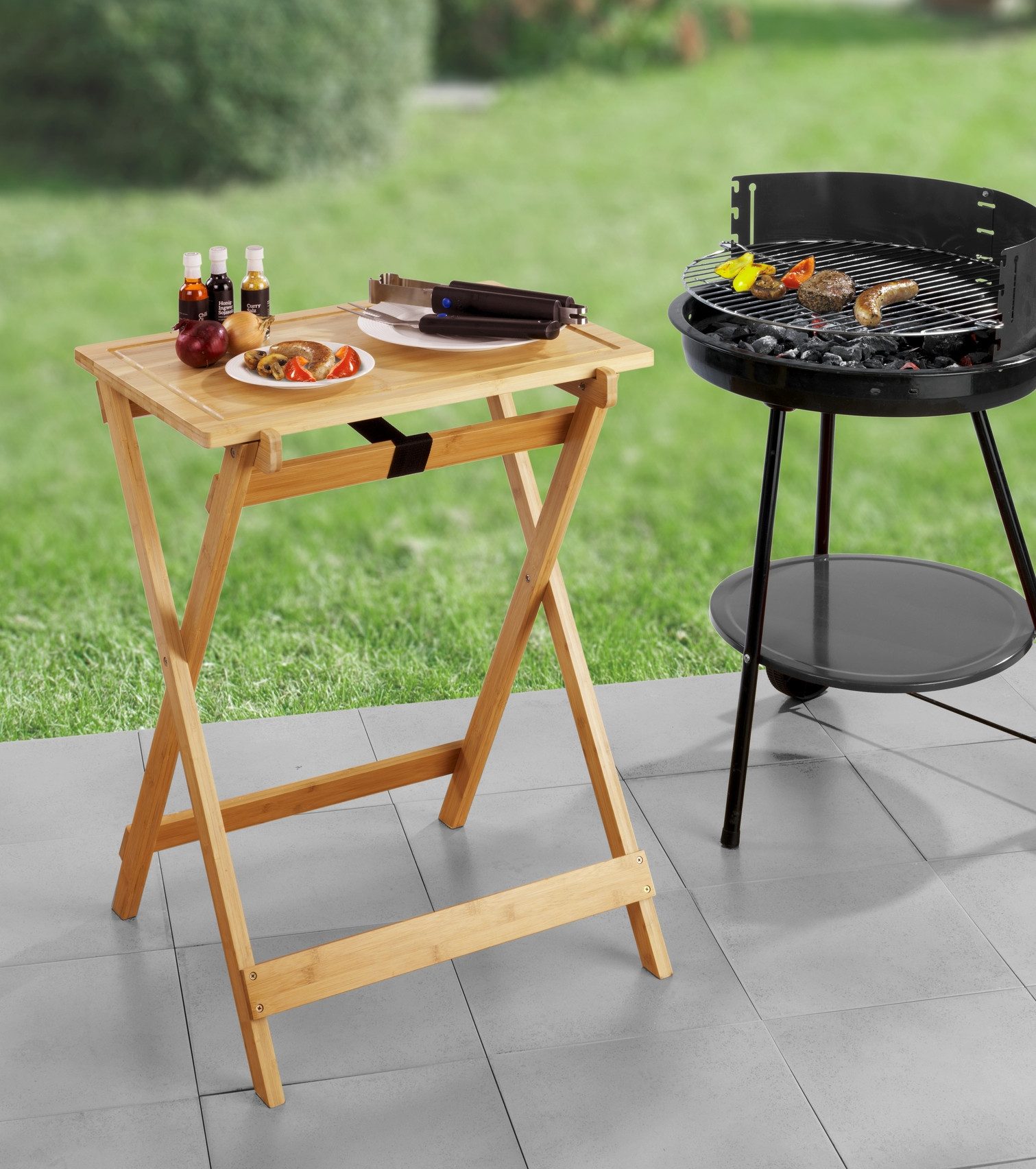 WENKO Klaptafel Model Lugo Bijzettafel met snijplank en afneembare dienblad, bamboe