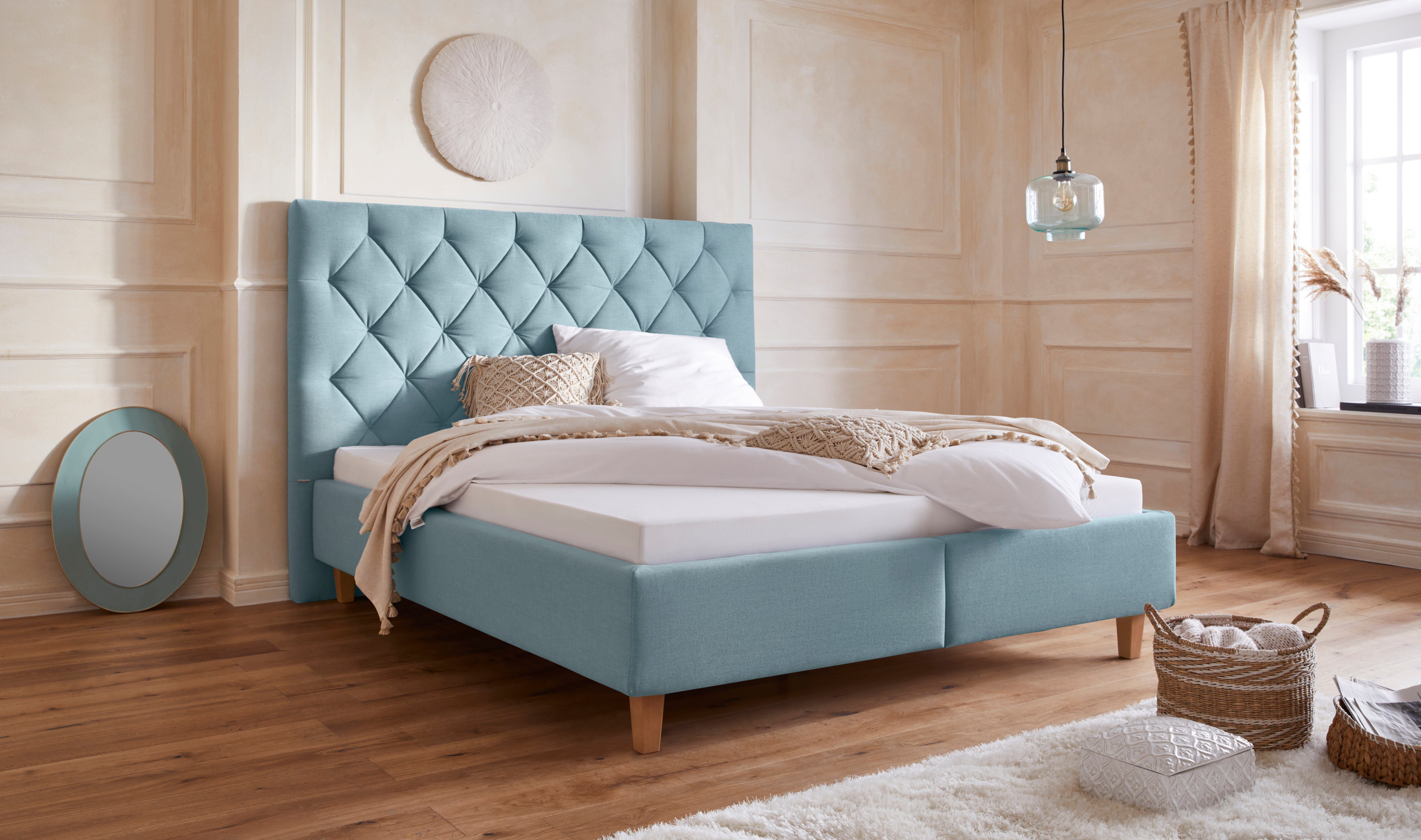 Guido Maria Kretschmer Home&Living Gestoffeerd bed Sunley 140 Kruisstiksel, hoofdbordhoogte 142 cm, zonder of met matras/lattenbodem bedden groen