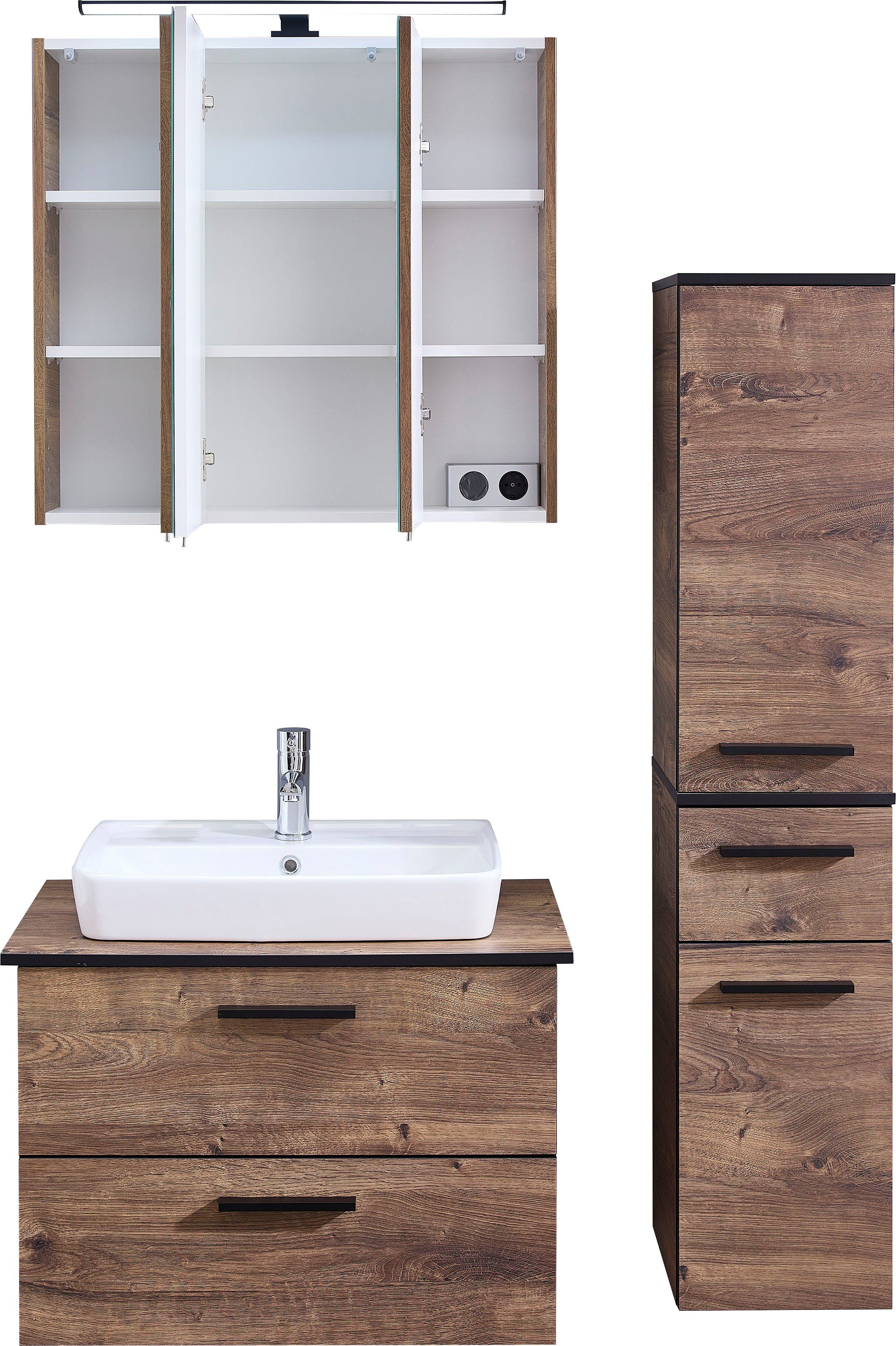 Saphir Badkamerserie Quickset 374 3-delig, keramisch wastafelblad en LED spiegelkast Halfhoge kast, inclusief deurdemper, 5 deuren, 3 laden, badkameraccessoire-set (6-delig)