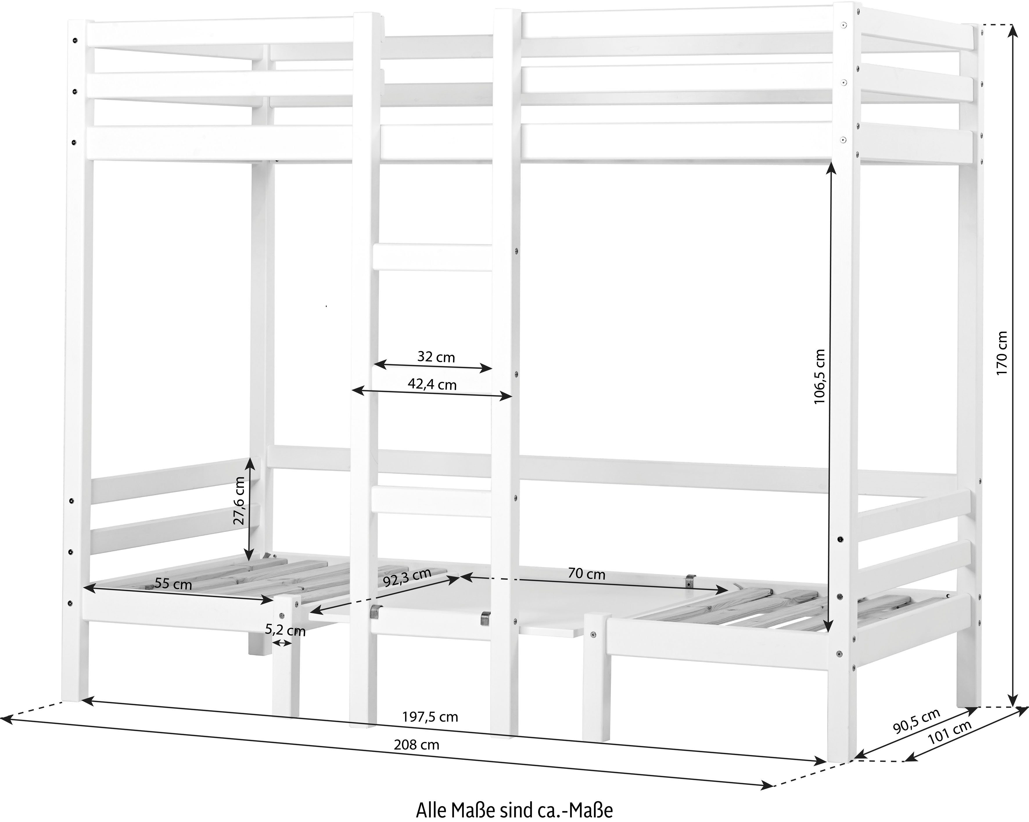 Hoppekids Hoogslaper ECO Dream JUMBO B/D/H 101/208/170 cm, ombouwbaar tot stapelbed met zitgroep, matrassen (boven en onder) in zwart, massief dennenhout/mdf