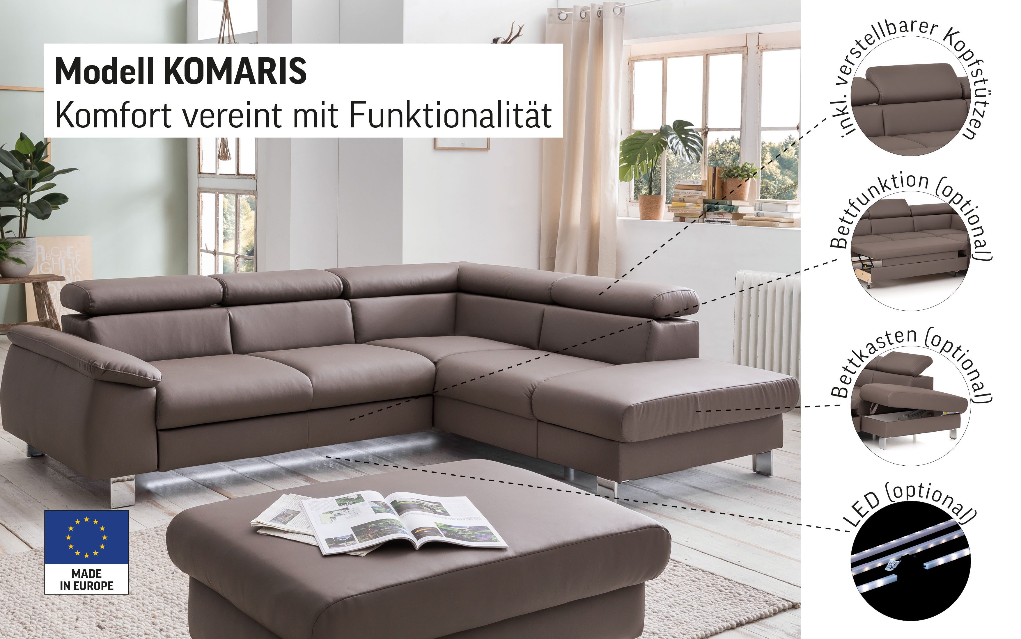 COTTA Hoekbank Komaris L-vorm met hoofdeindeverstelling keuze met bedfunctie, bedlade & verlichting