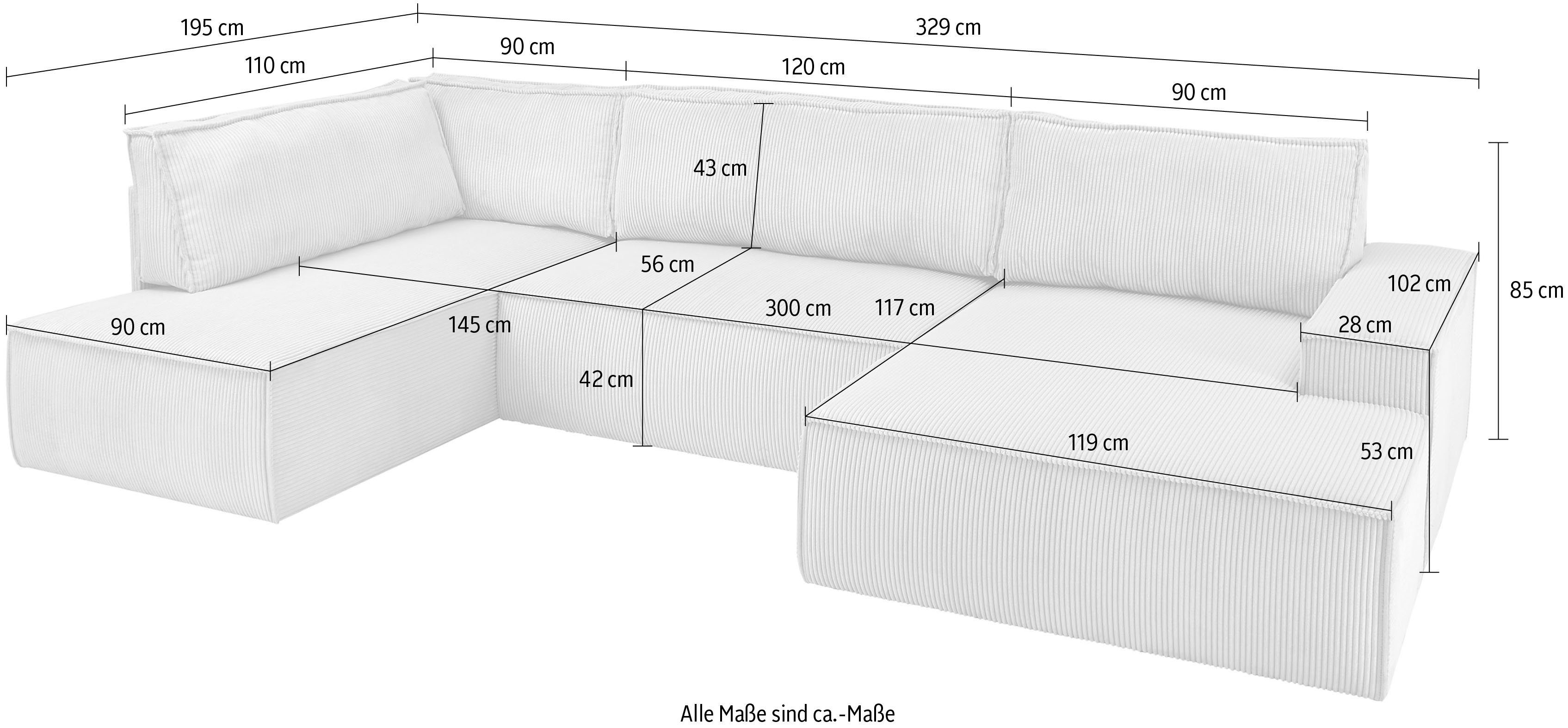 Home affaire Zithoek SHERWOOD 329 cm, U-vorm, slaapbank, Slaapfunctie met bedkist (194x139 cm), cord, vintage, fluweel