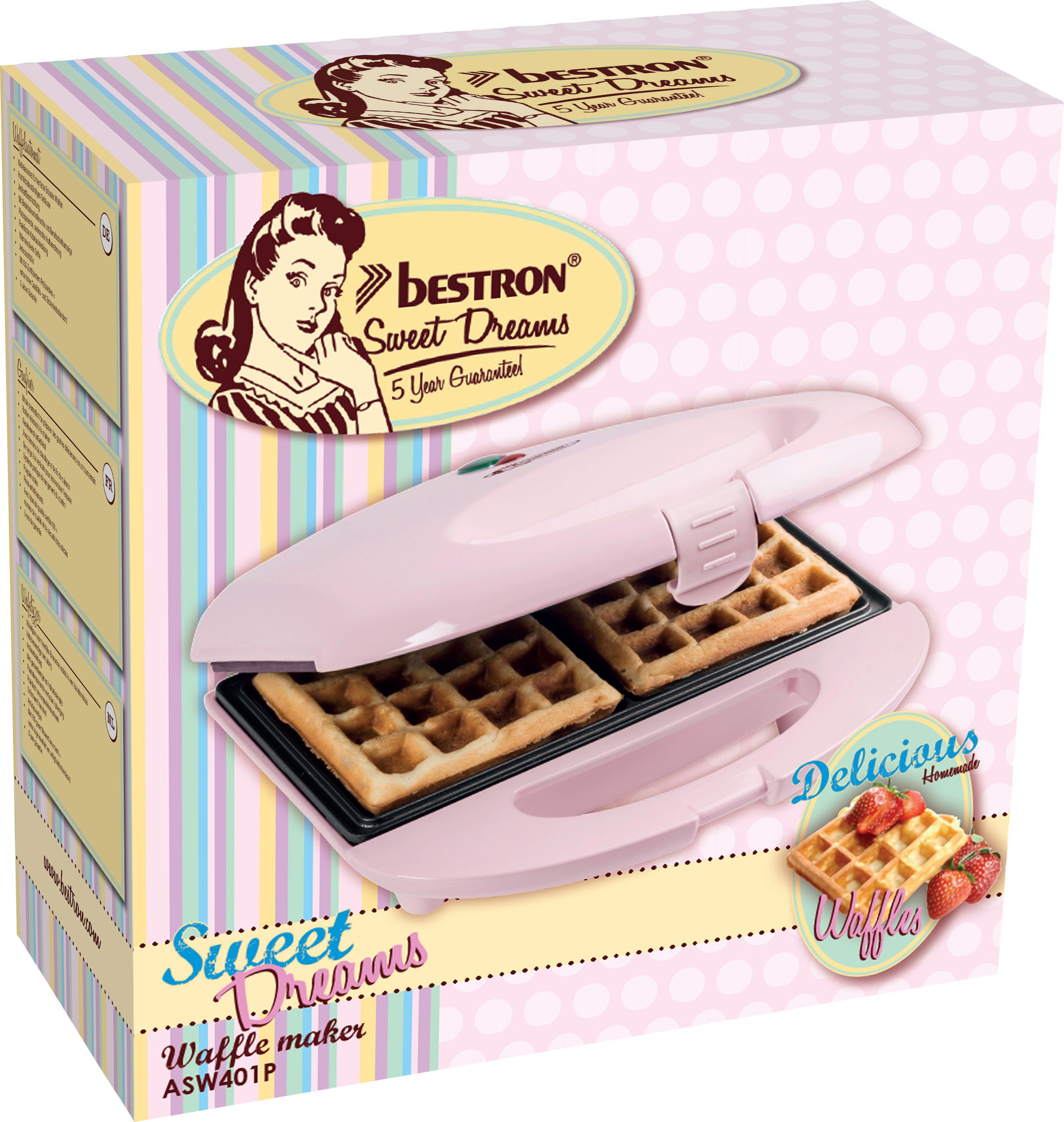 bestron Wafelijzer ASW401P Sweet Dreams voor belgische wafels, in retrodesign, voor 2 wafels, roze