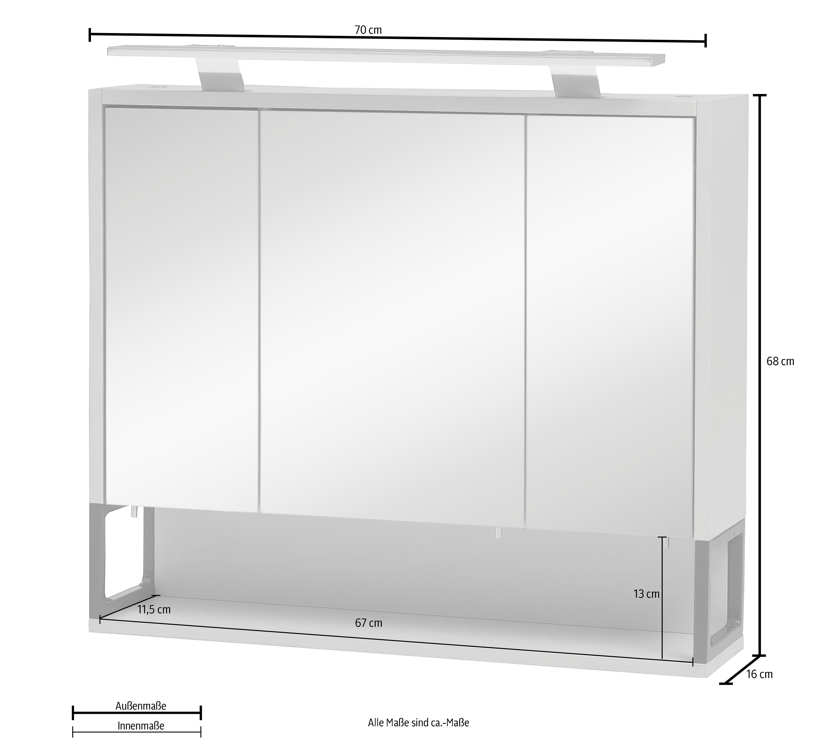 Schildmeyer Spiegelkast Limoen Breedte 70 cm, 3-deurs, ledverlichting, schakelaar-/stekkerdoos