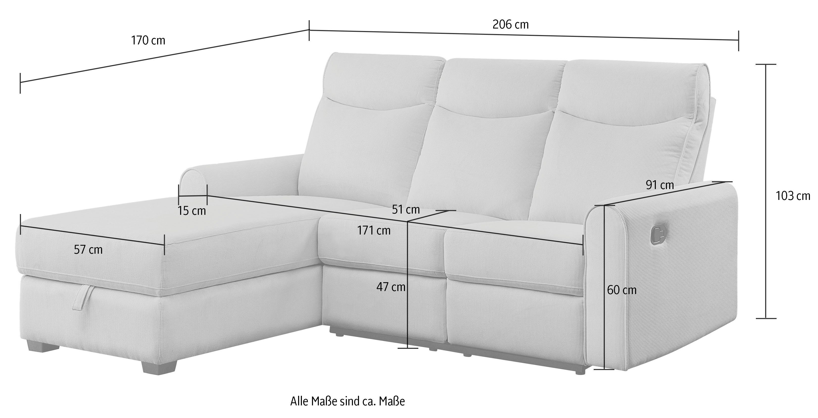 ATLANTIC home collection Hoekbank Gero L-vorm met relaxfunctie en bergruimte, met cordbekleding