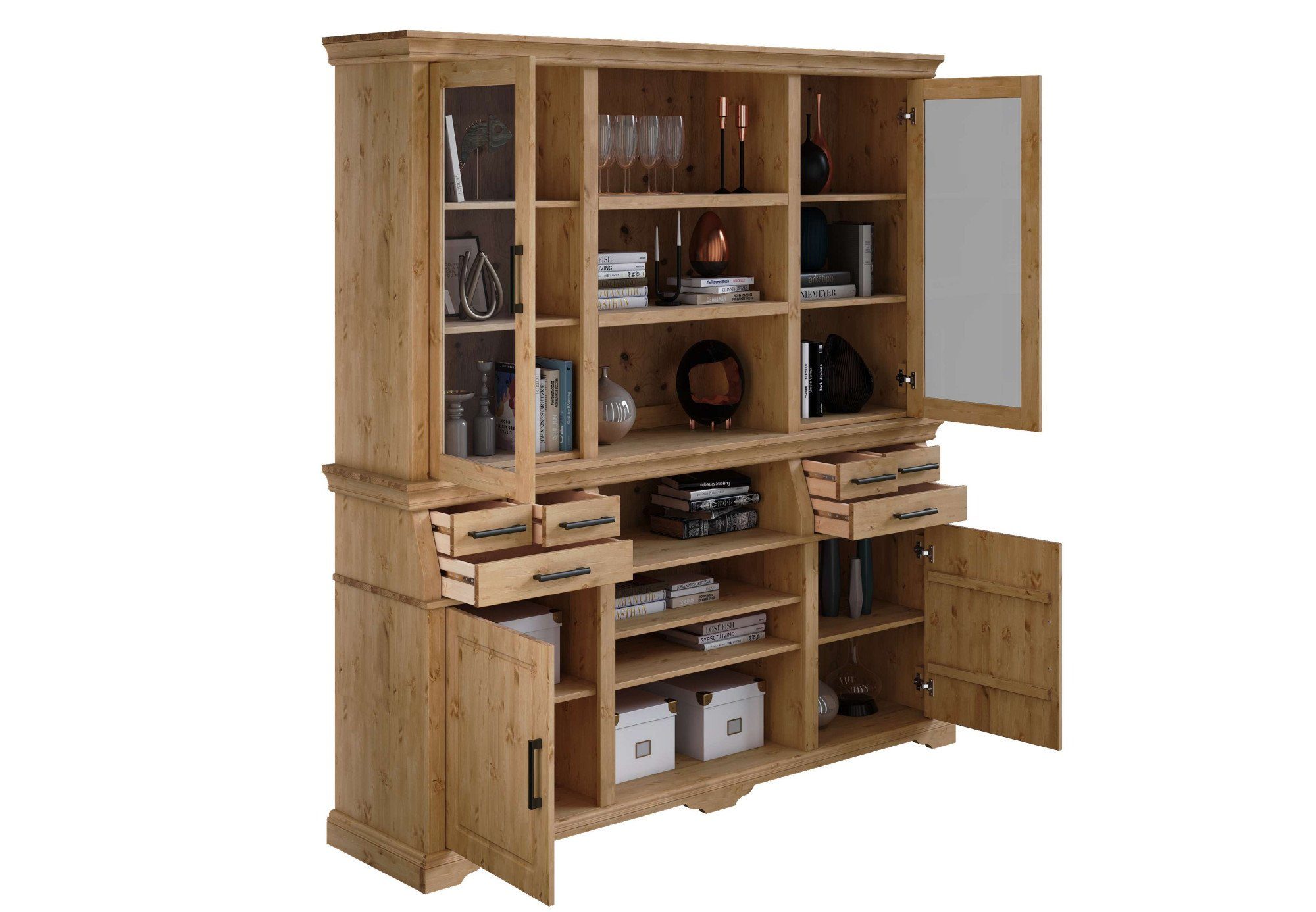 Home affaire Buffetkast Anabel, met glazen deuren en zwarte metalen handgrepen gecertificeerd massief hout, breedte 186 cm, in landhuisstijl