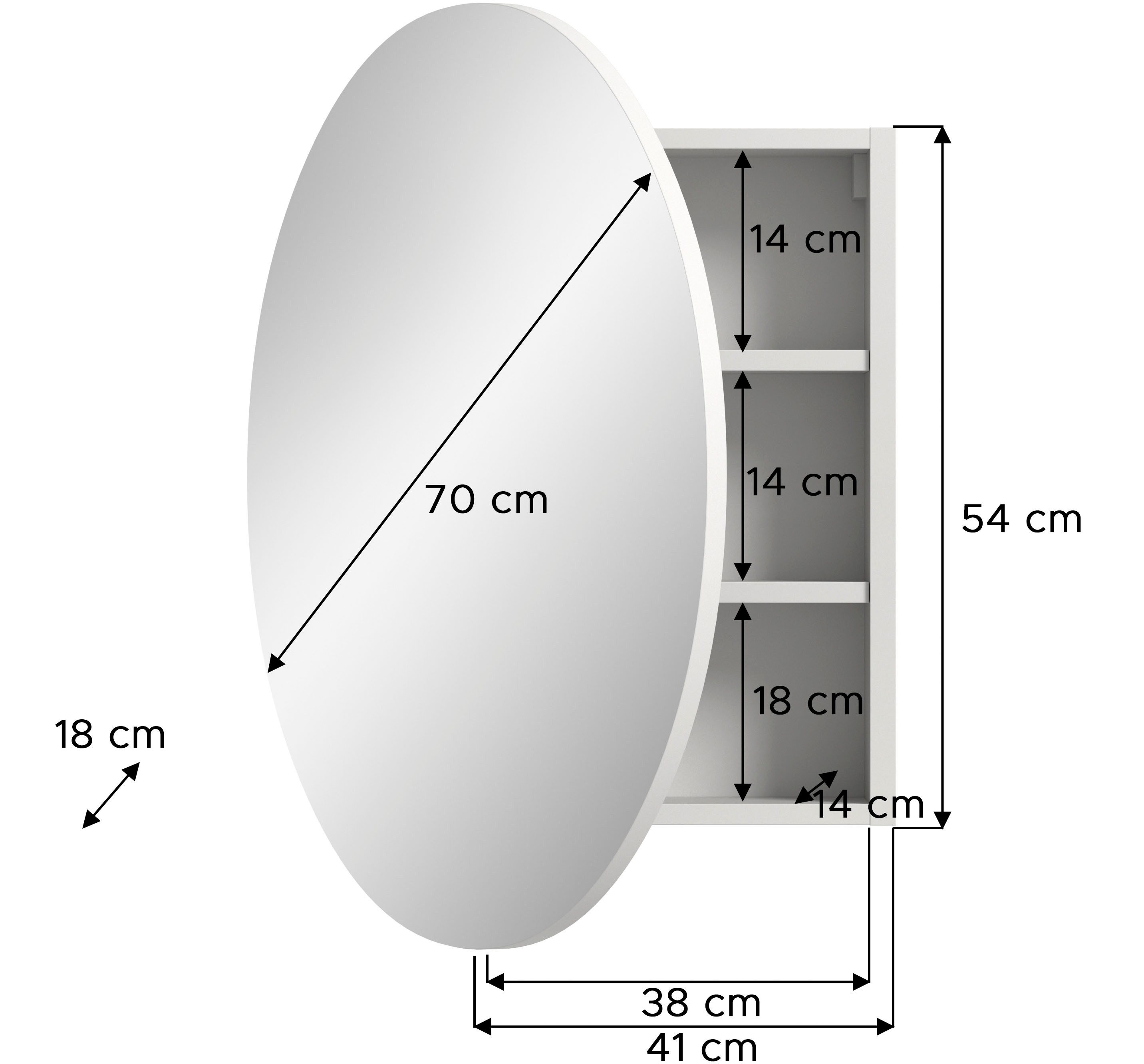 welltime Spiegelkast Litica, rond Ø 70cm, 1 spiegeldeur, 2 legplanken
