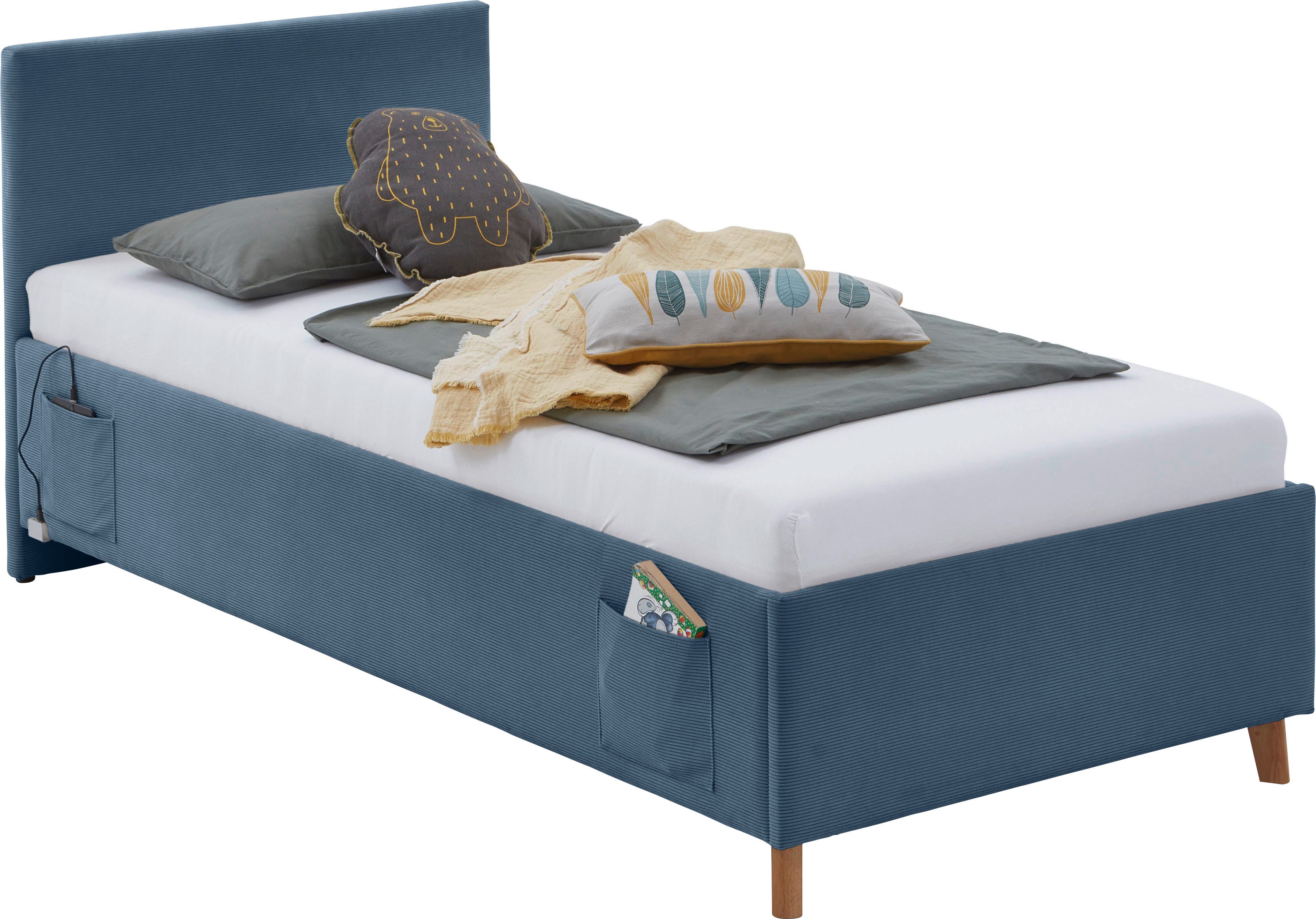meise.möbel Kinderledikant Blauw Bekleed bed naar keuze met bedkist, tienerbed inclusief USB-aansluiting