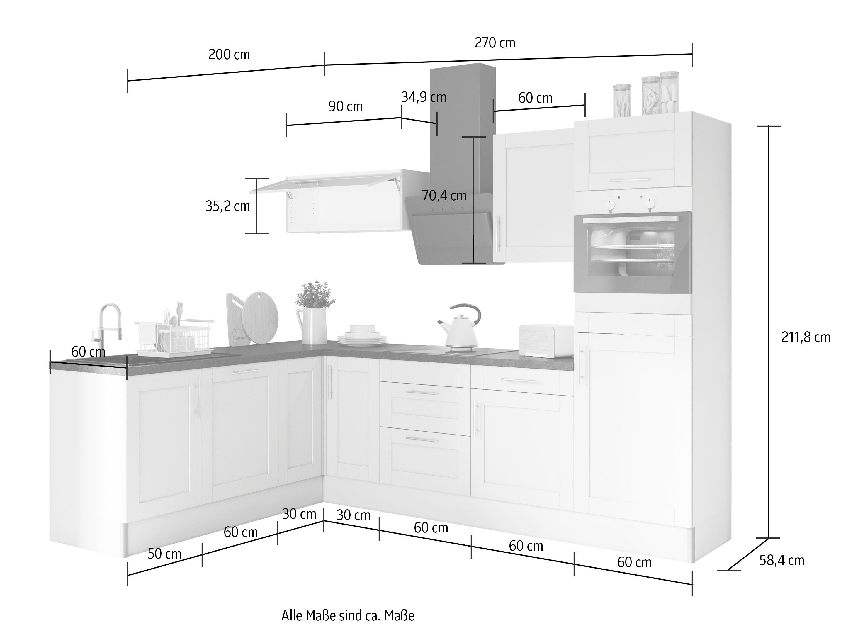 Kochstation Keuken KS-Ahus 200 x 270 cm breed, optioneel met elektrische apparaten, soft close functie