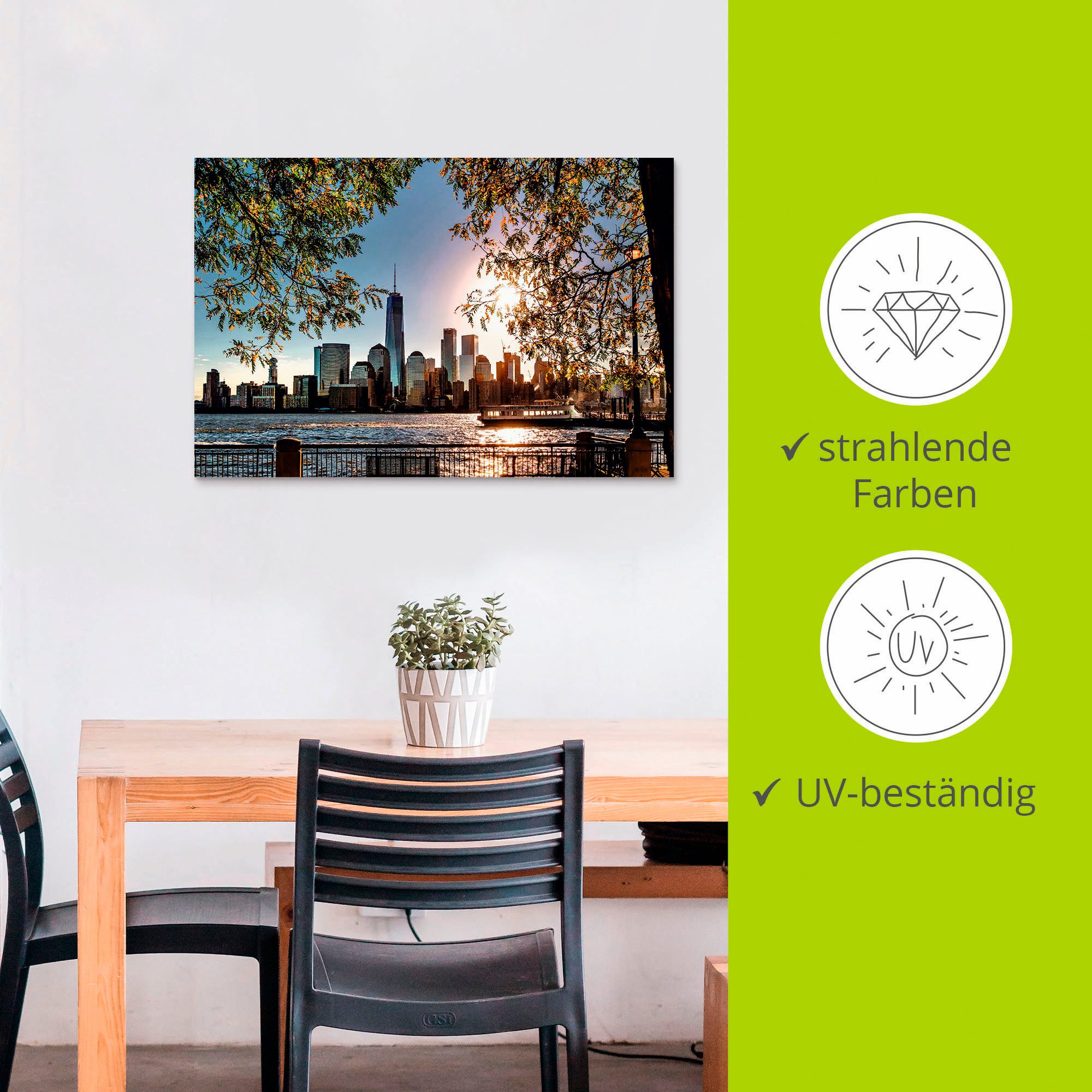Artland Artprint Zonsopkomst boven New York als artprint van aluminium, artprint voor buiten, artprint op linnen, poster, muursticker