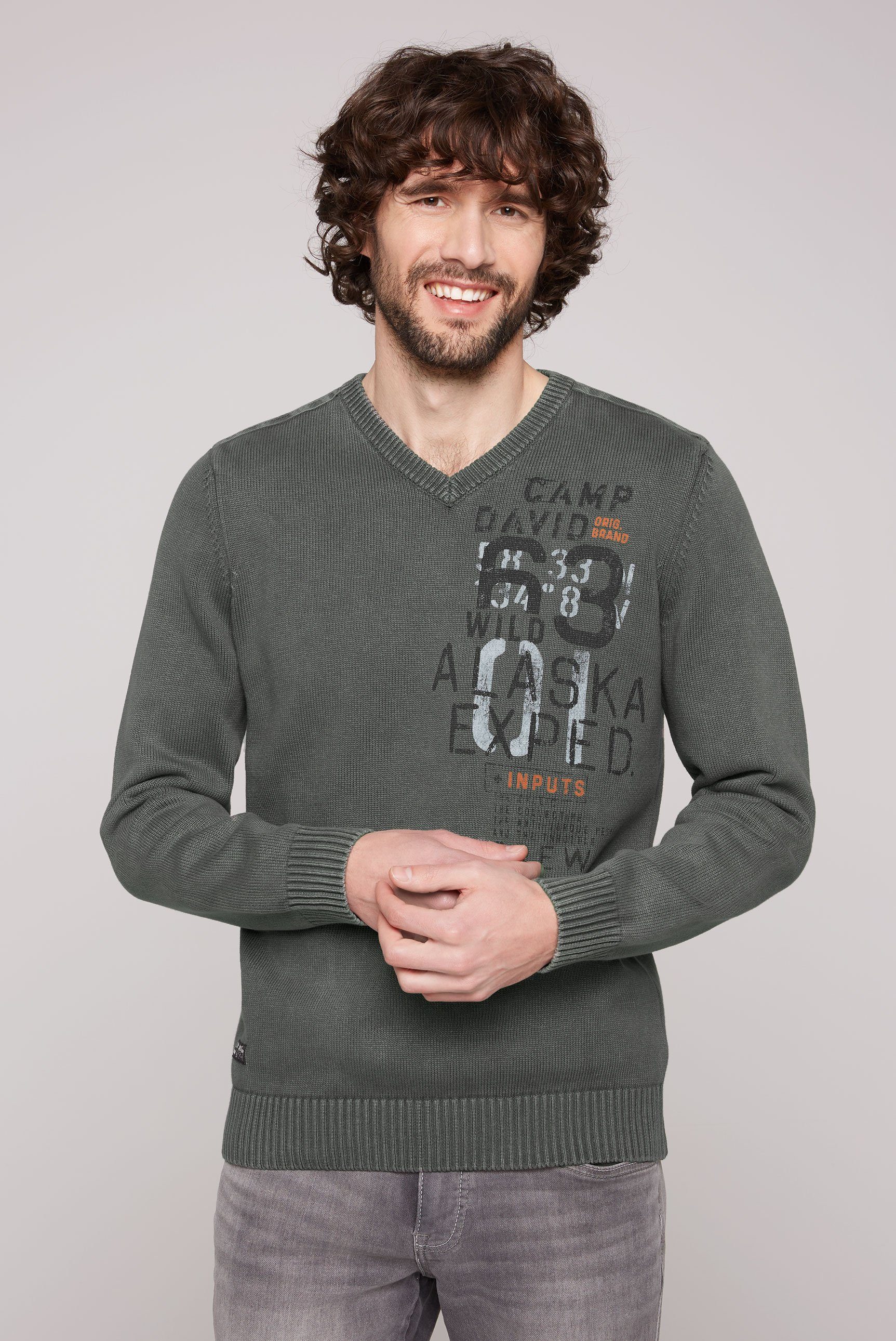 CAMP DAVID Gebreide trui met logo-prints voor en achter heren pullovers maat M groen