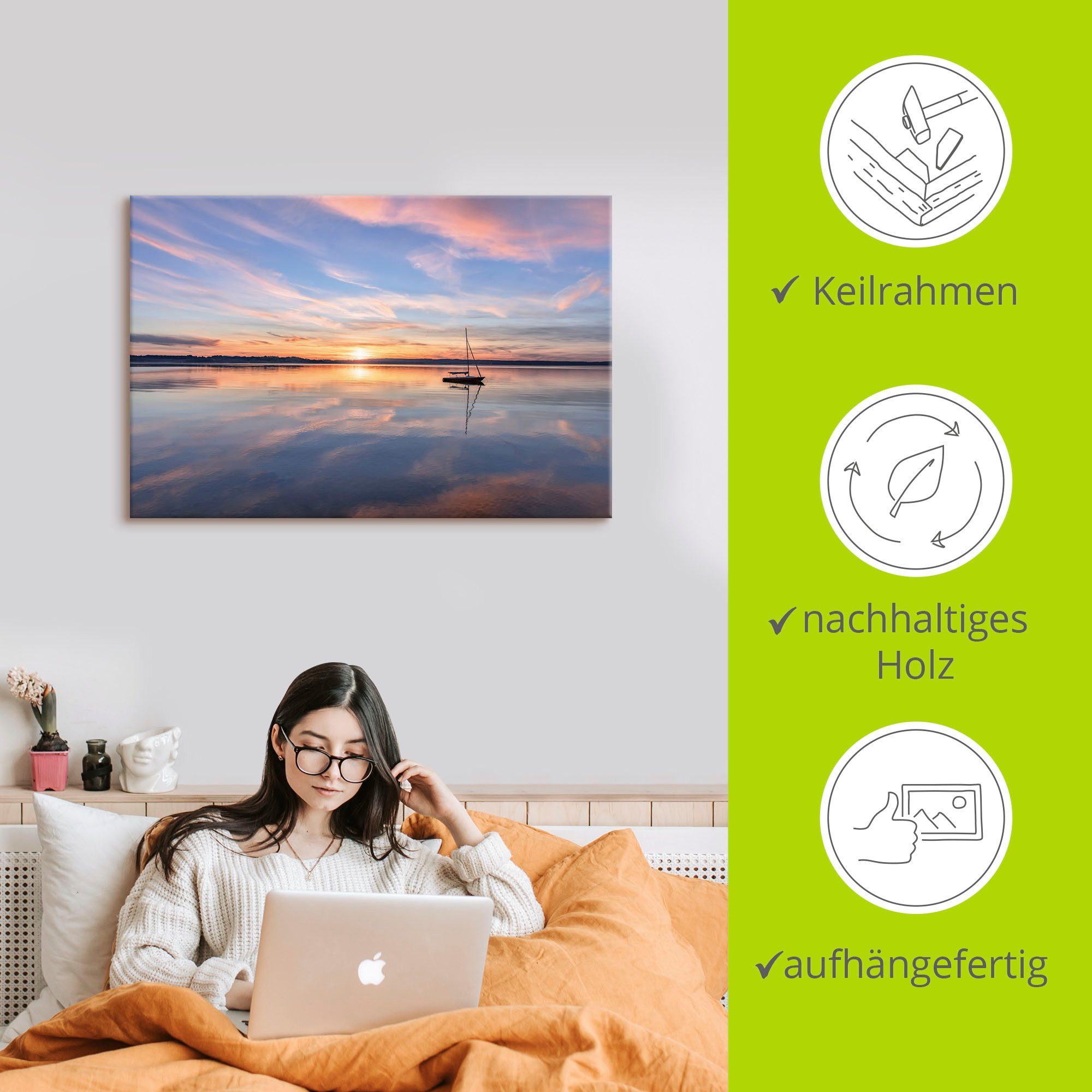 Artland Artprint Zonsondergang aan het Starnberger meer II als artprint van aluminium, artprint op linnen, muursticker of poster in verschillende maten
